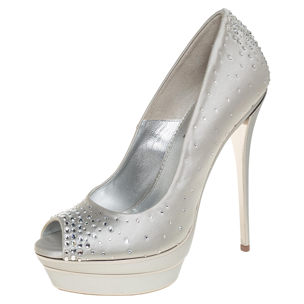 Loriblu Silver Satin Crystal Embellished Peep Toe Platform Pumps Size 38