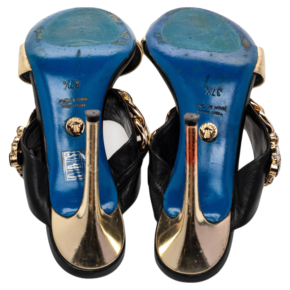 Loriblu Black/Gold Leather Embellished Chain Detail Slide Sandals Size 37.5