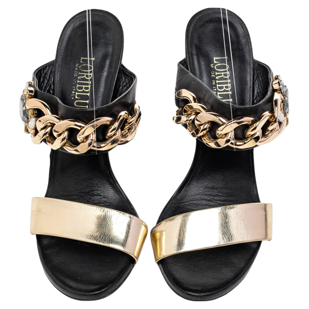 Loriblu Black/Gold Leather Embellished Chain Detail Slide Sandals Size 37.5