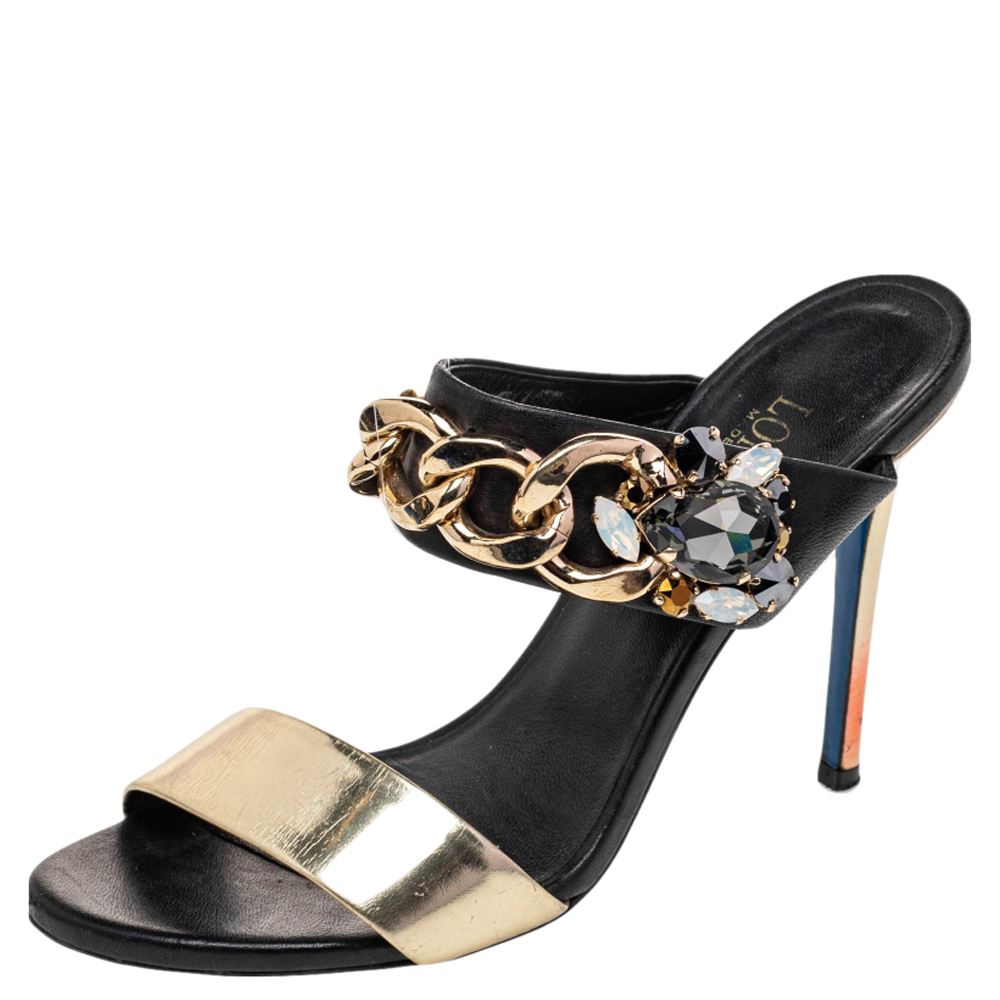 Loriblu Black/Gold Leather Embellished Chain Detail Slide Sandals Size 37.5
