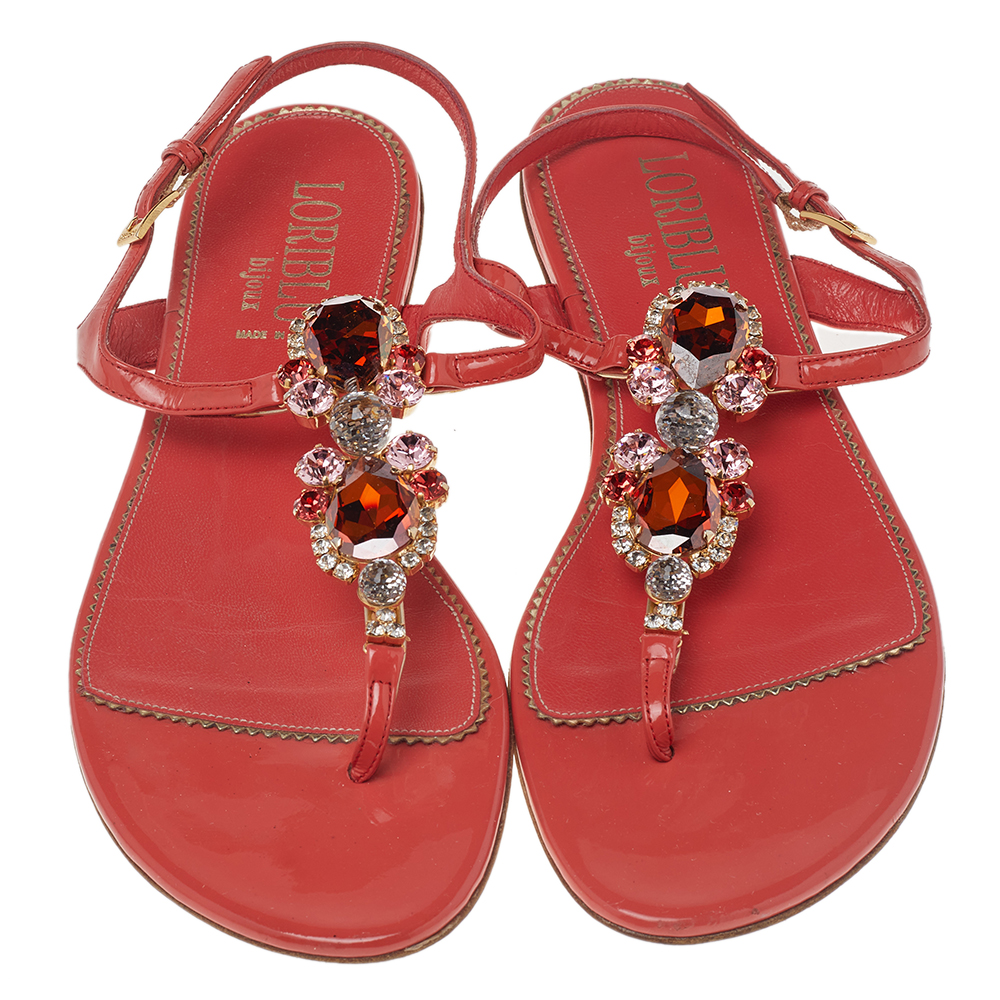 Loriblu Orange Patent Leather Crystal Embellished Ankle Strap Flat Sandals Size 40