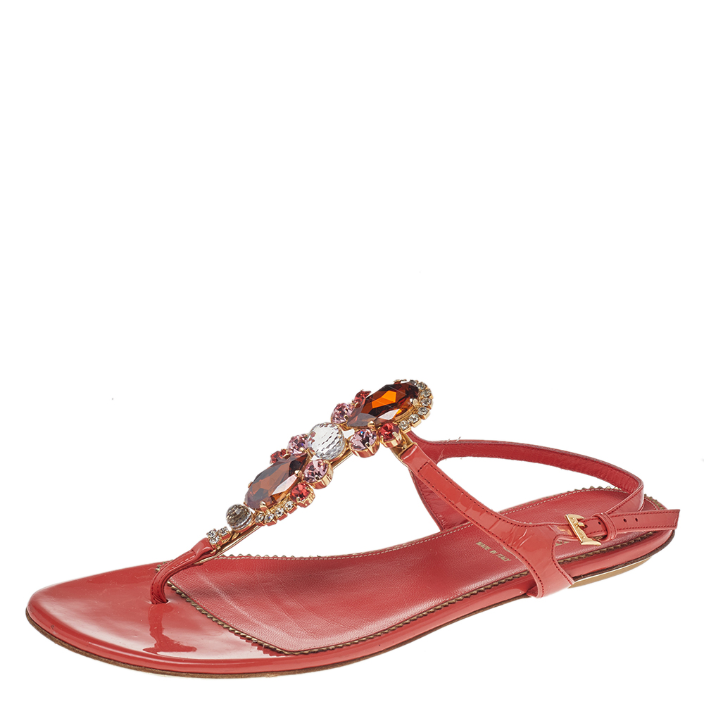 Loriblu orange patent leather crystal embellished ankle strap flat sandals size 40