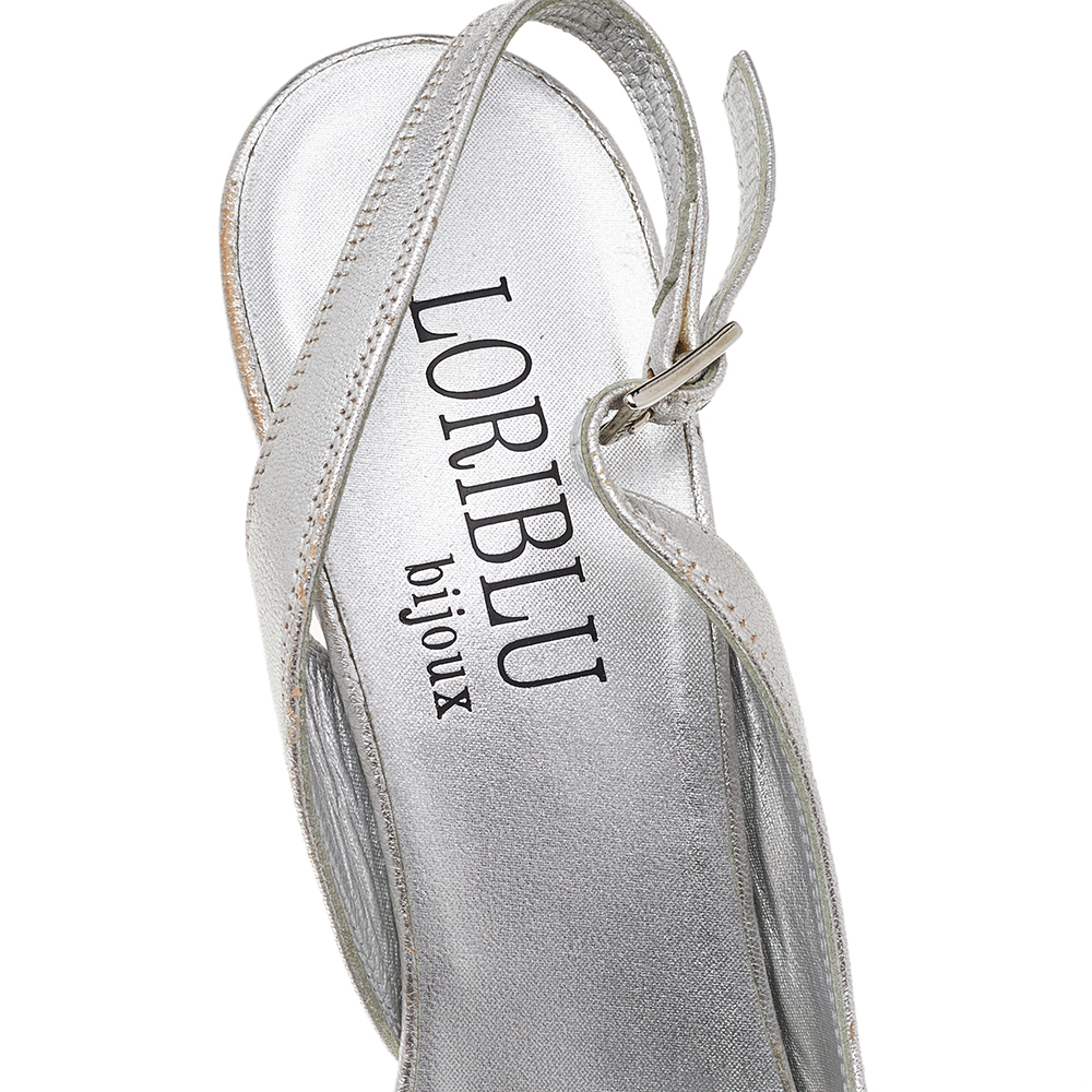 Loriblu Metallic Silver Leather Crystal Embellished Ankle Strap Sandals Size 39