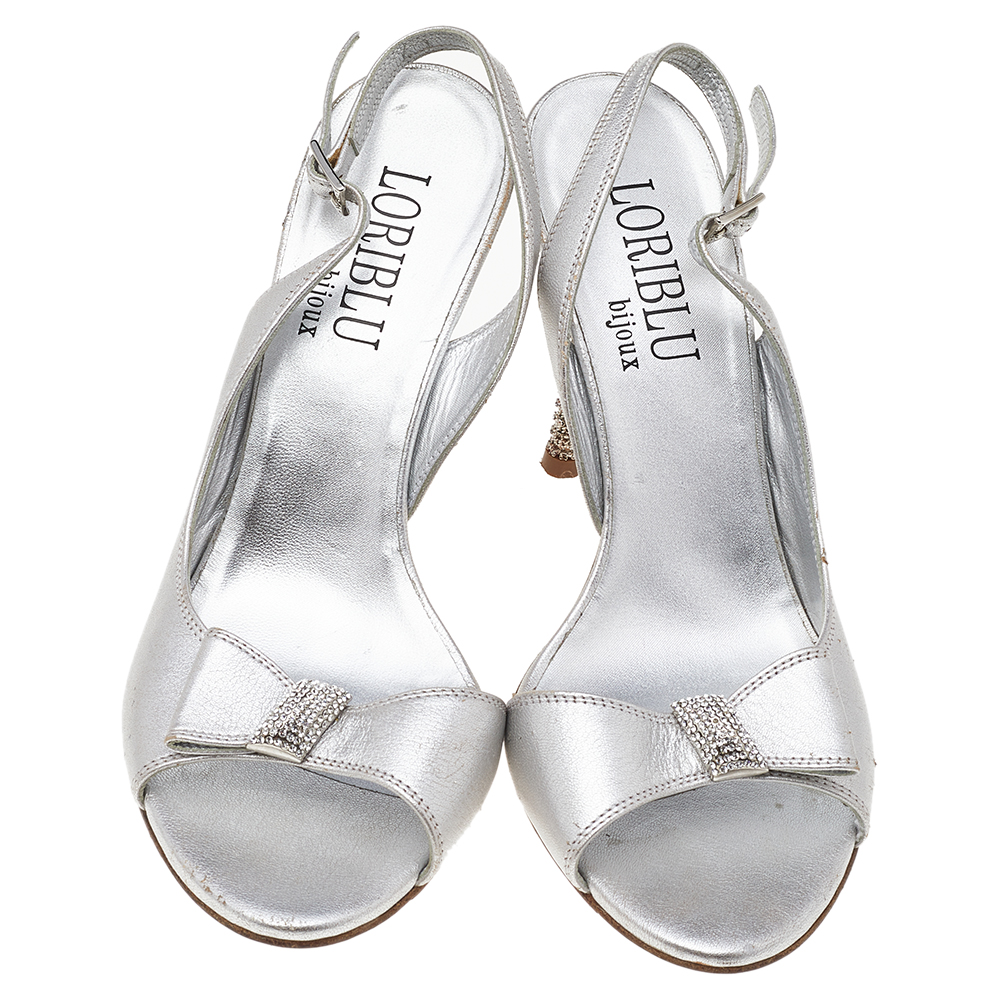 Loriblu Metallic Silver Leather Crystal Embellished Ankle Strap Sandals Size 39