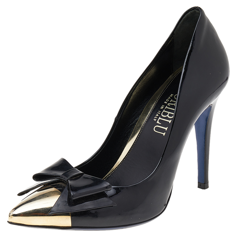 Loriblu Black Patent Leather Pointed Metal Cap Toe Pumps Size 37