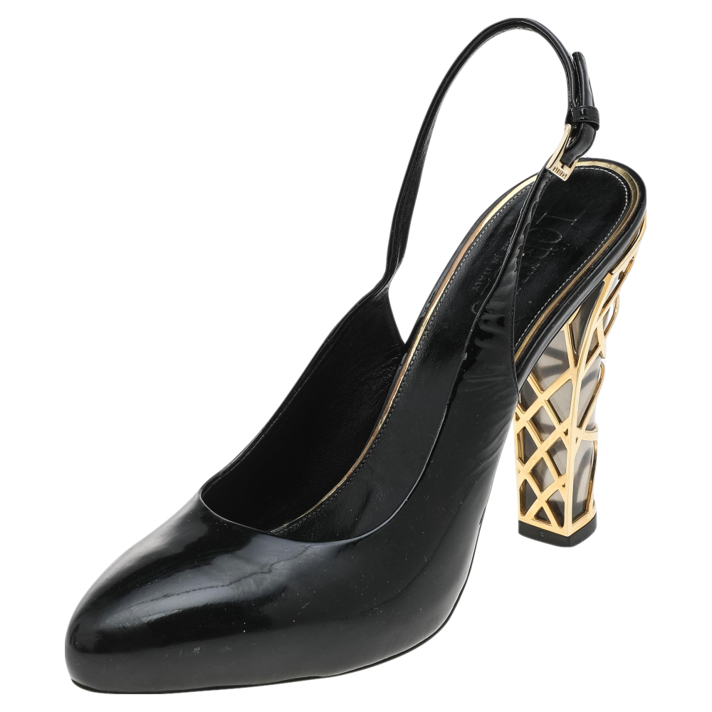 Loriblu black patent leather block heel slingback sandals size 40
