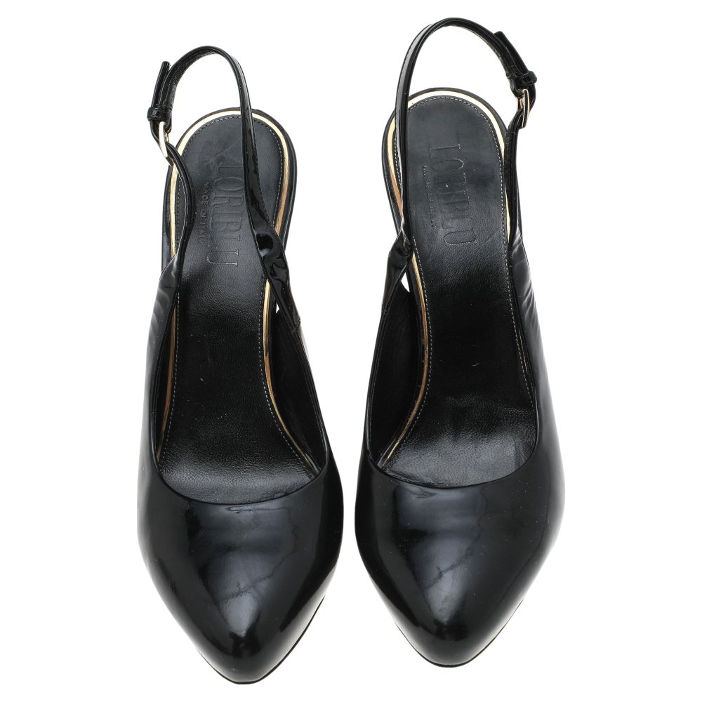 Loriblu Black Patent Leather Block Heel Slingback Sandals Size 40