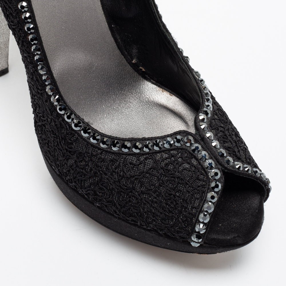 Loriblu Black Lace And Mesh Crystal Embellished Peep-Toe Pumps Size 39