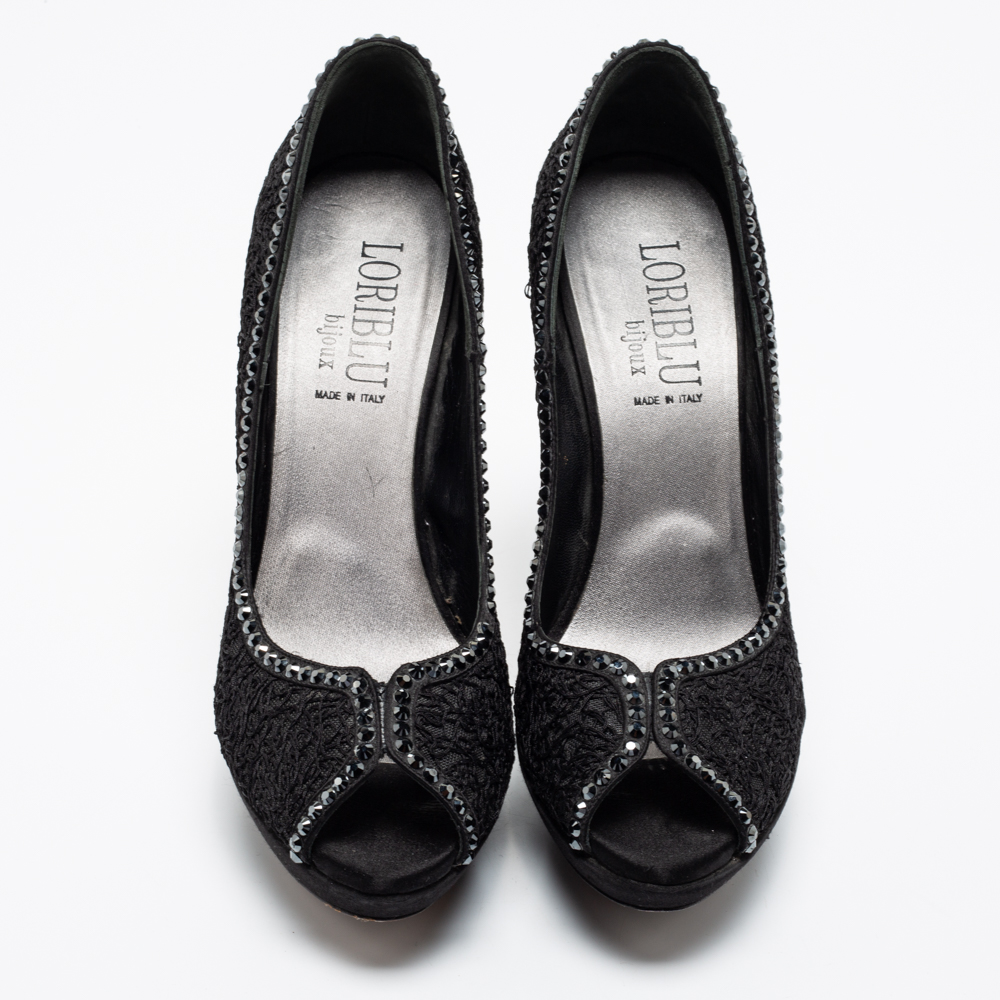 Loriblu Black Lace And Mesh Crystal Embellished Peep-Toe Pumps Size 39