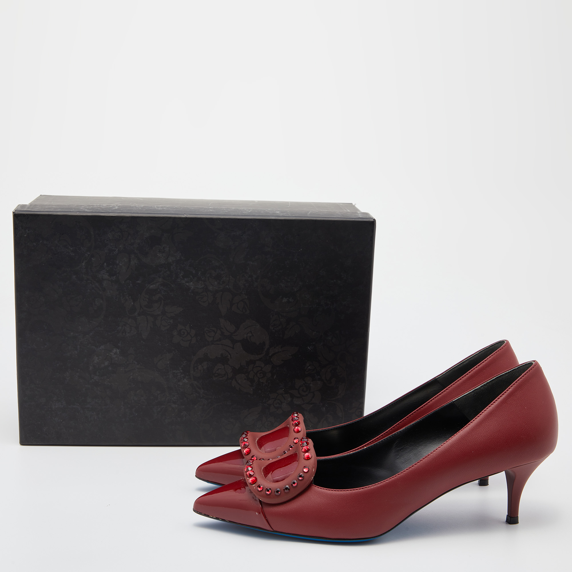 Loriblu Dark Red Leather Pointed Toe Crystal Embellished Pumps Size 38.5