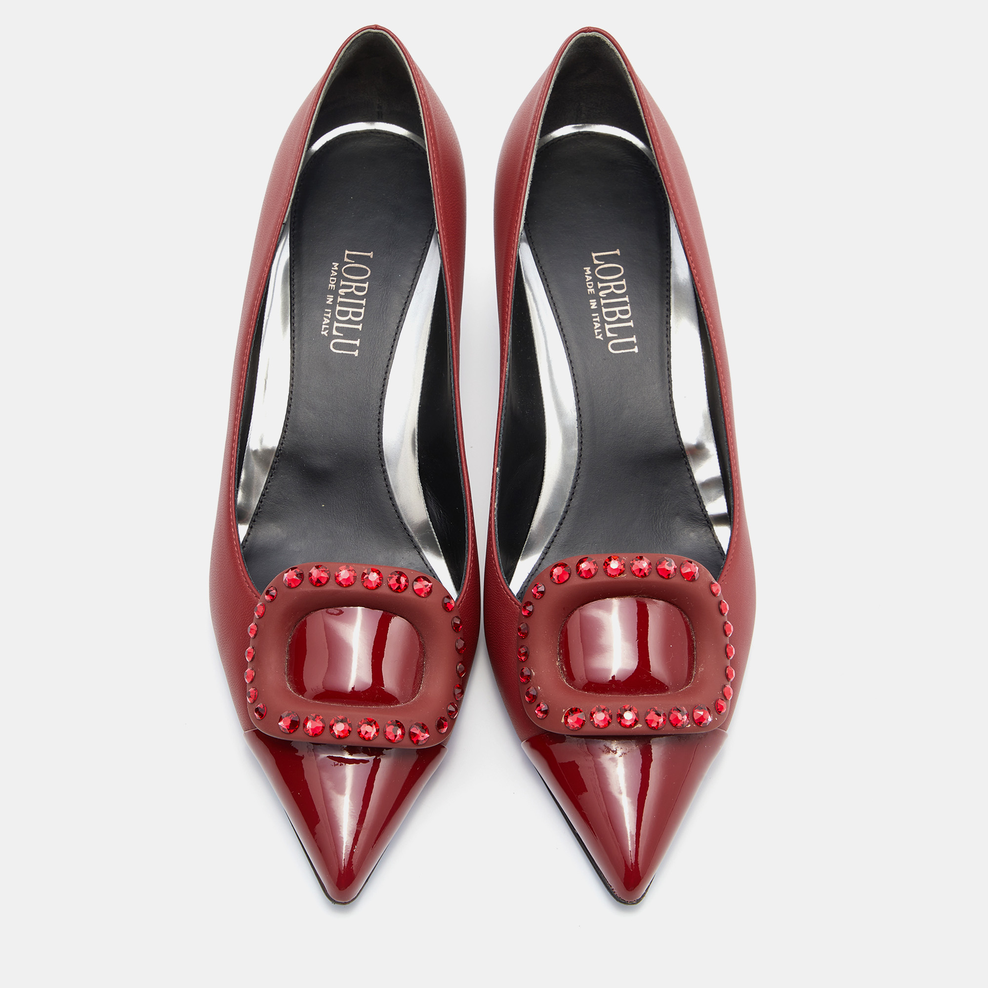 Loriblu Dark Red Leather Pointed Toe Crystal Embellished Pumps Size 38.5