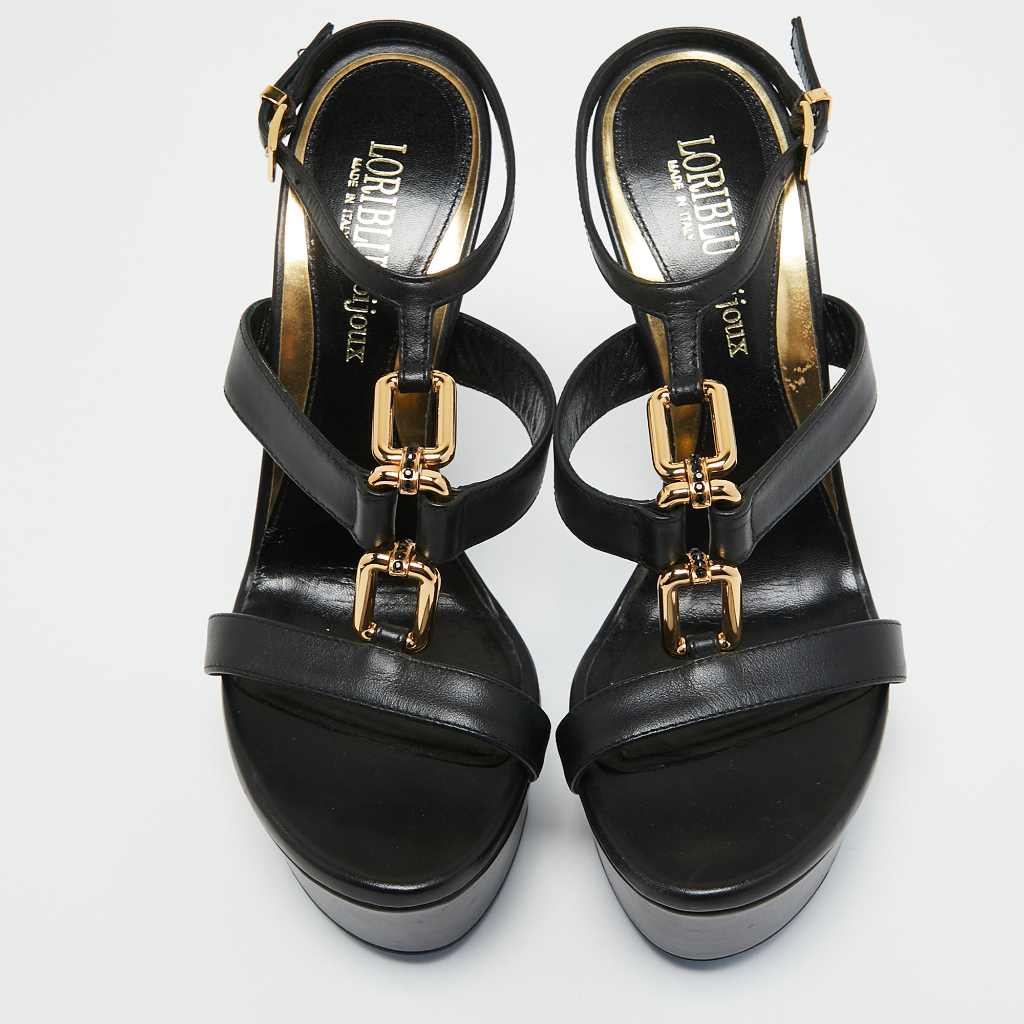 Loriblu Black Leather Chain T-Strap Platform Sandals Size 38.5