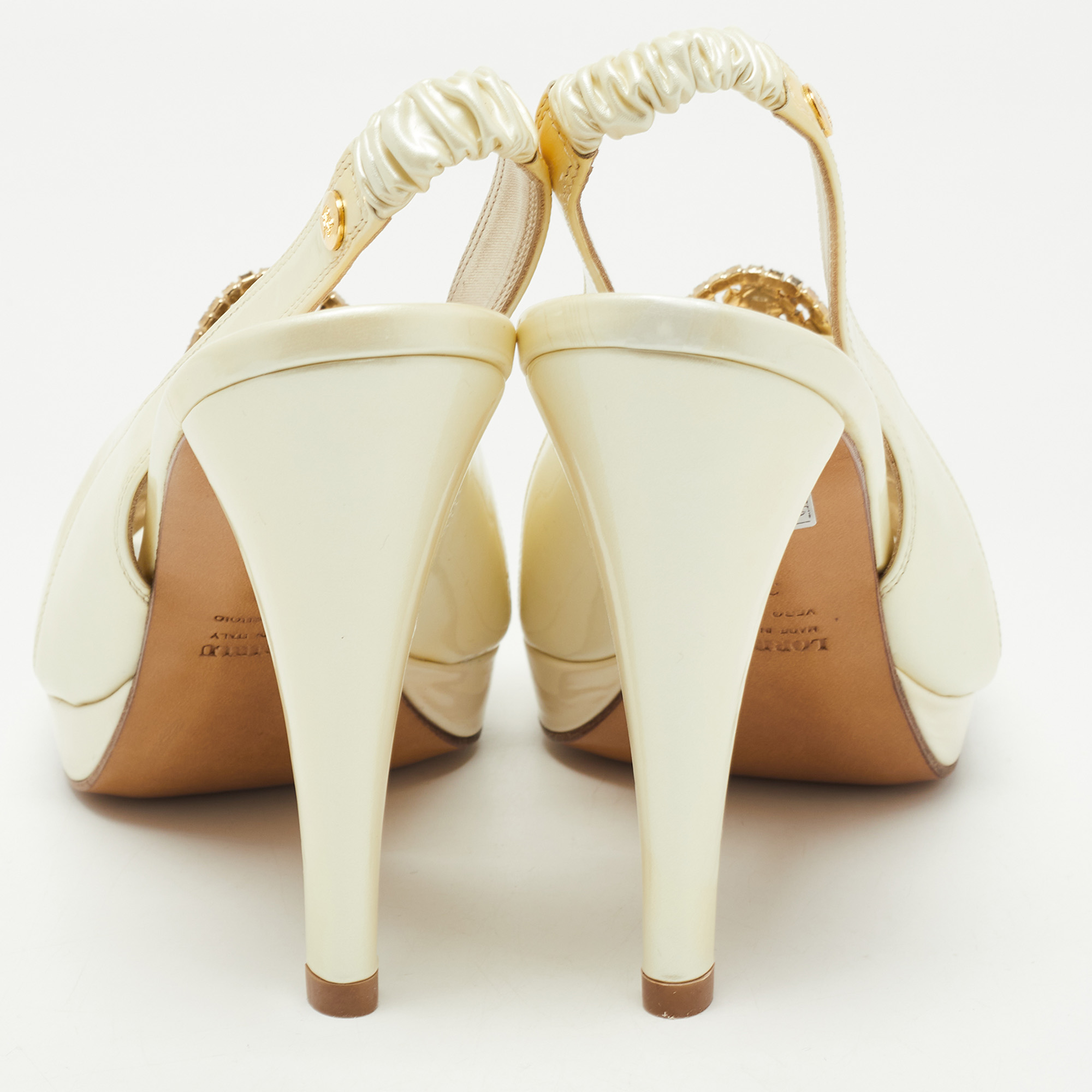 Loriblu Cream Leather Crystal Embellished Slingback Sandals Size 38