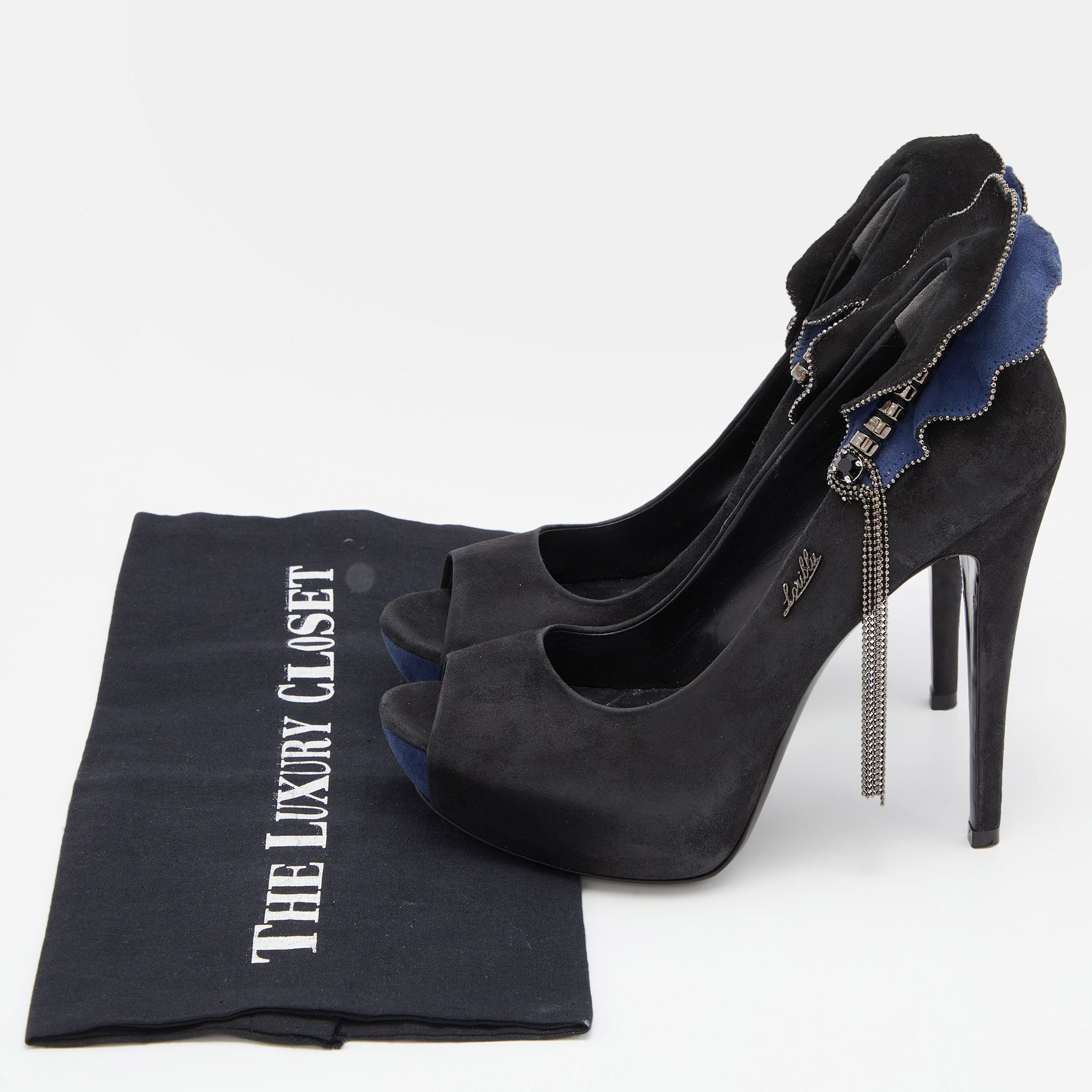 Loriblu Black/Blue Suede Embellished Peep Toe Pumps Size 37