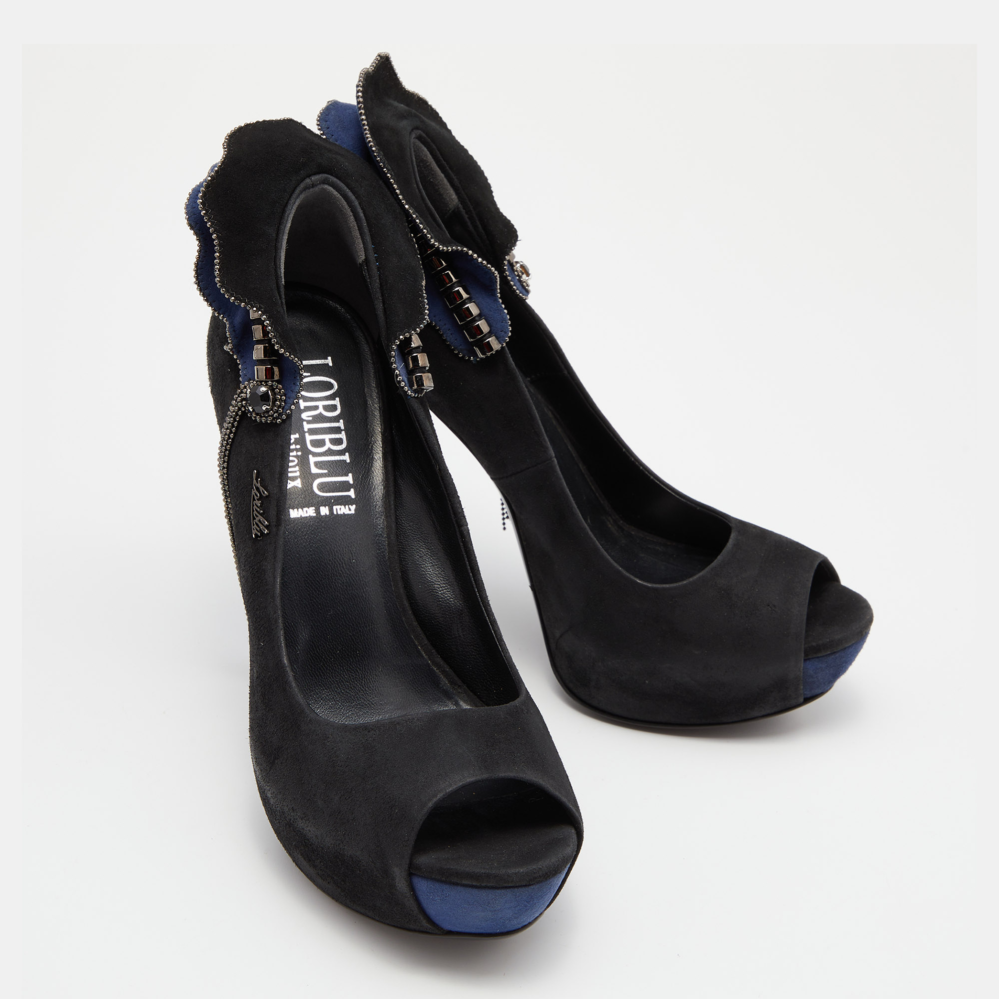 Loriblu Black/Blue Suede Embellished Peep Toe Pumps Size 37