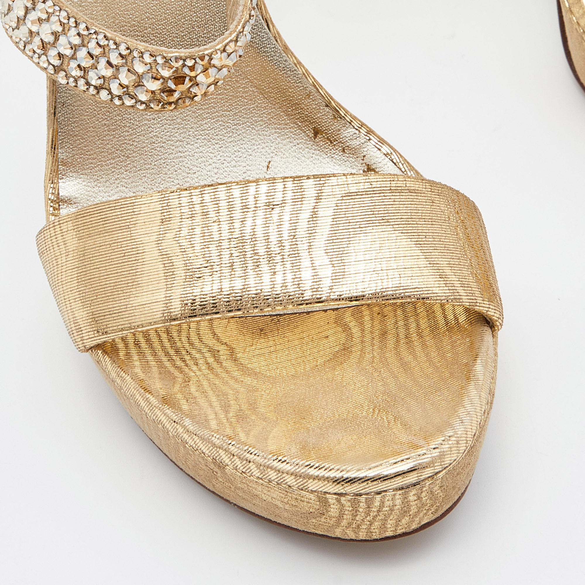 Loriblu Gold Lurex Fabric Crystal Embellished Open Toe Platform Sandals Size 36.5