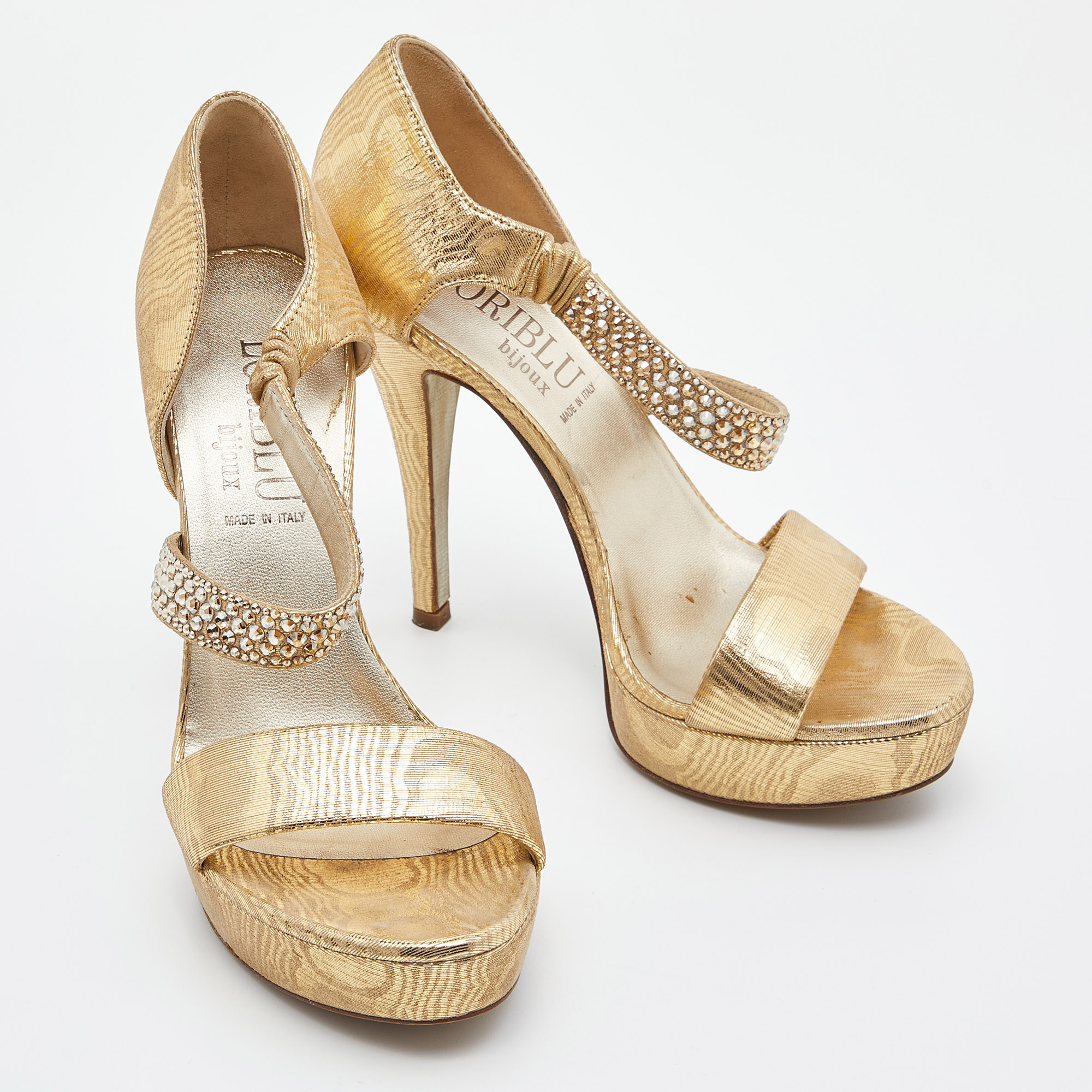Loriblu Gold Lurex Fabric Crystal Embellished Open Toe Platform Sandals Size 36.5