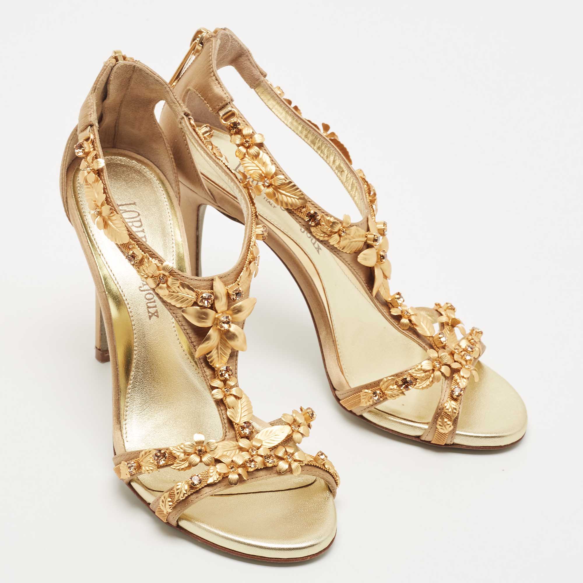 Loriblu Gold Satin Floral Embellished Crystal Studded T-Strap Sandals Size 36