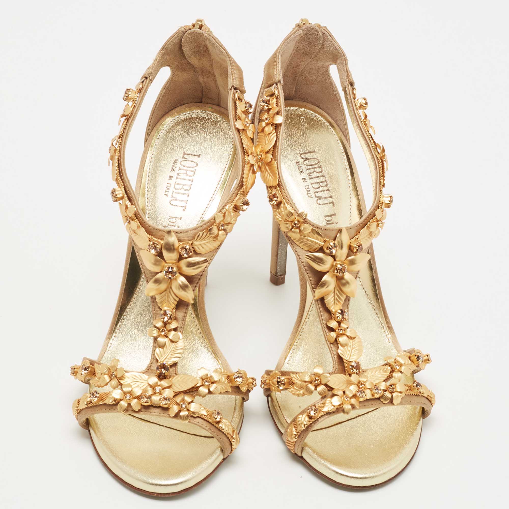 Loriblu Gold Satin Floral Embellished Crystal Studded T-Strap Sandals Size 36