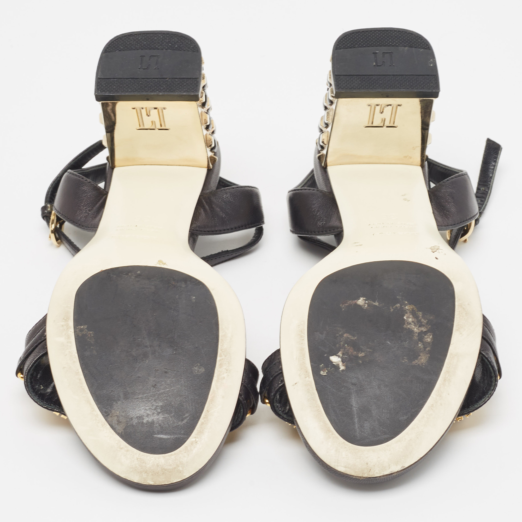 Loriblu Black Leather Embellished Ankle Strap Sandals Size 36