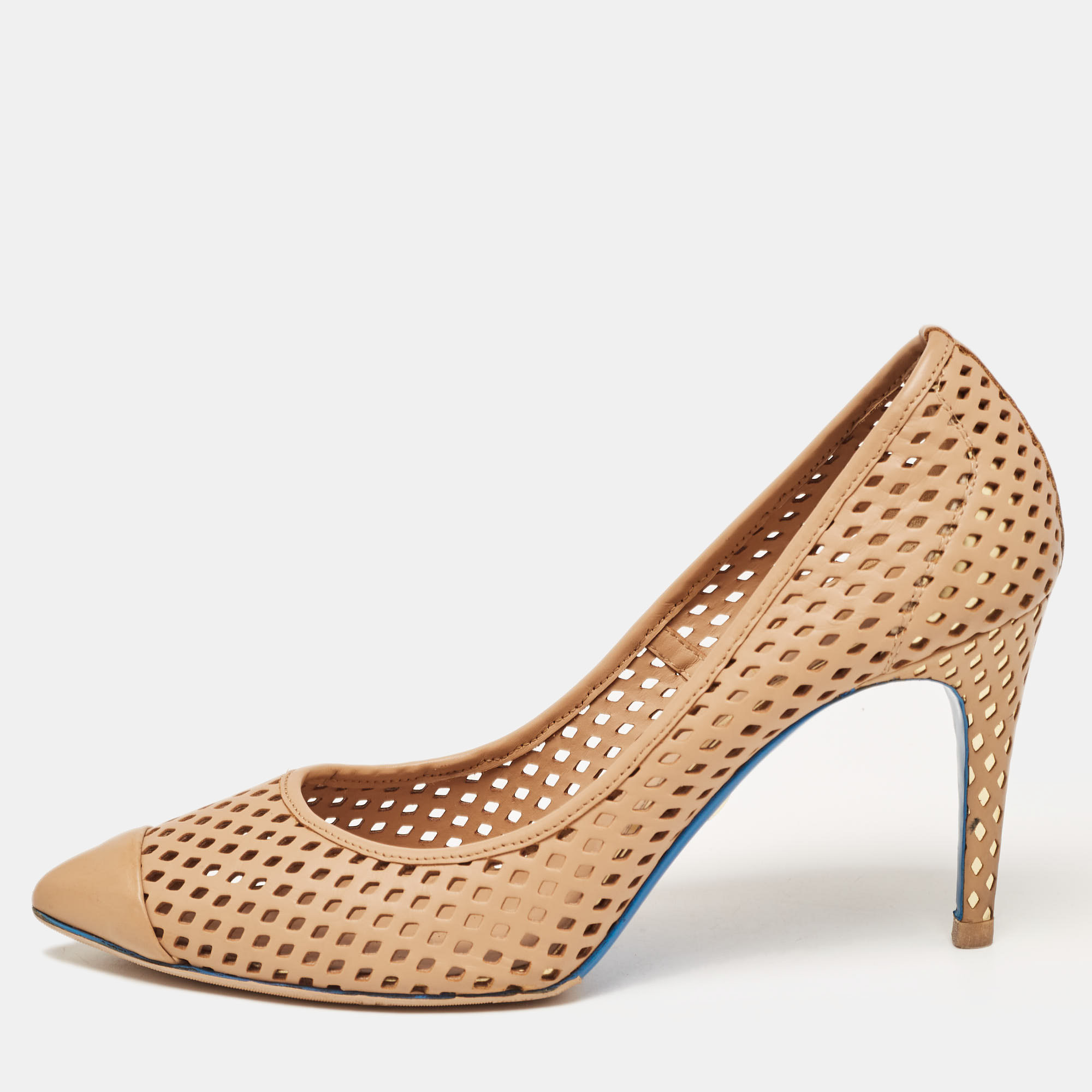 Loriblu Beige Perforated Leather Pointed Toe Pumps Size 40