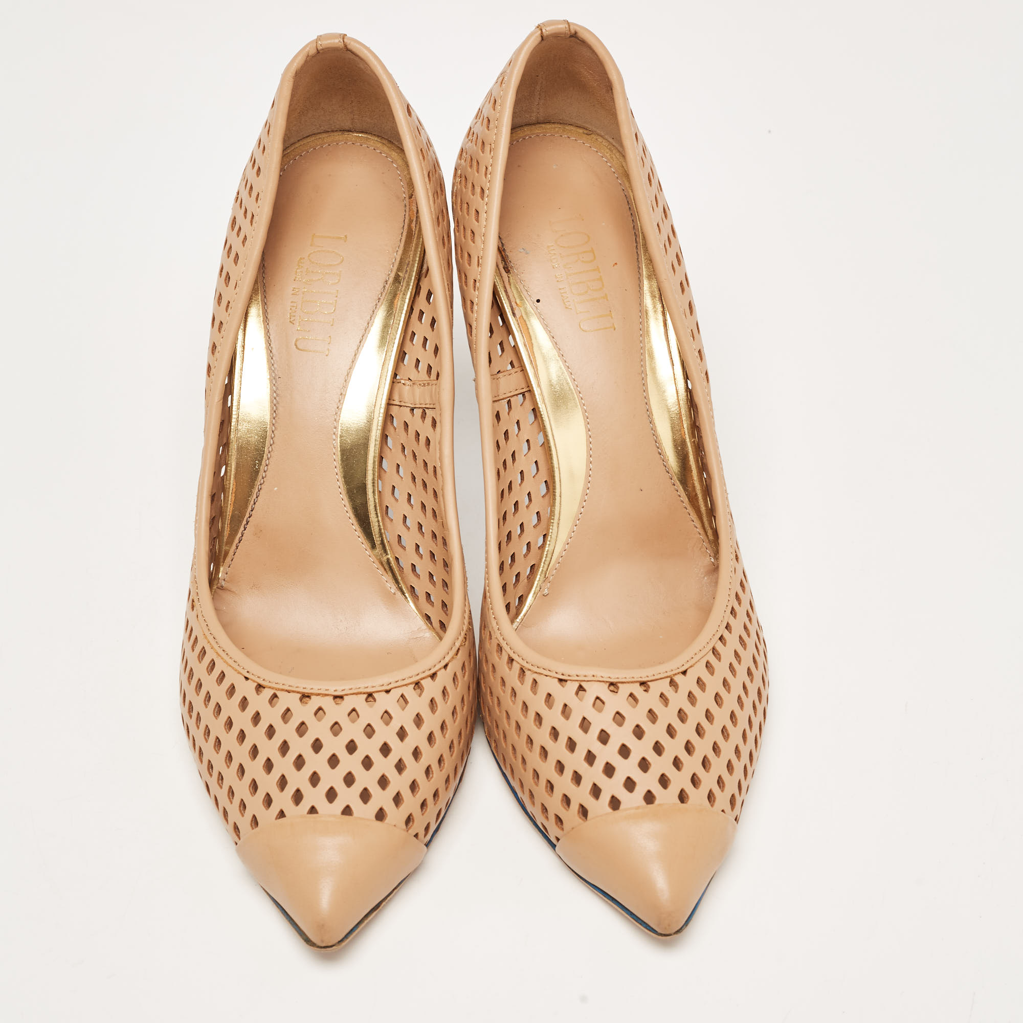 Loriblu Beige Perforated Leather Pointed Toe Pumps Size 40