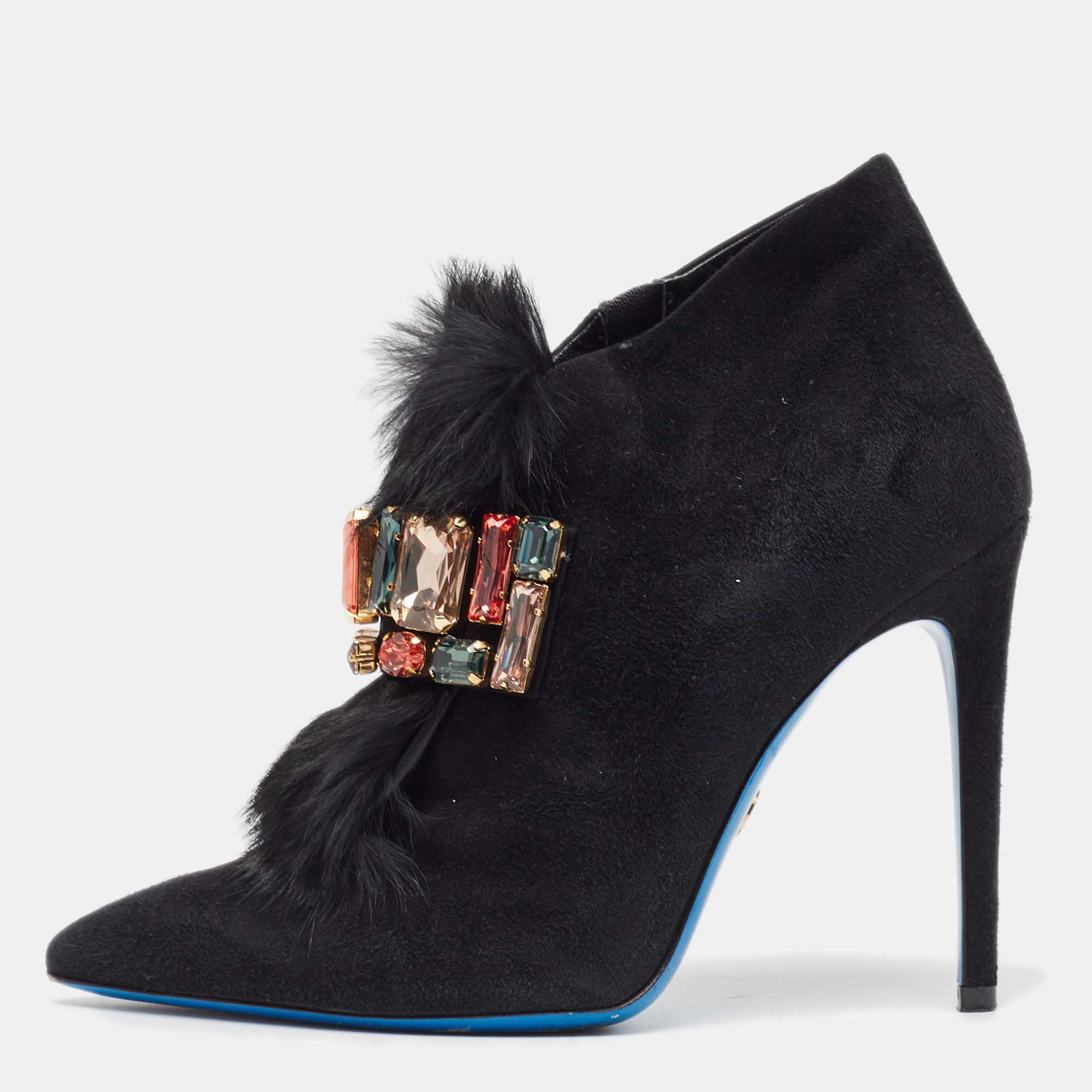 Loriblu black suede and fur crystal embellished ankle booties size 38