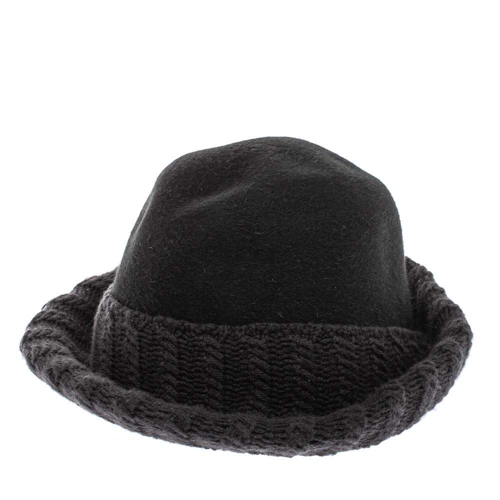 Loro Piana Charcoal Grey Rabbit Fur & Cashmere Knit Trim Fedora Hat Size S