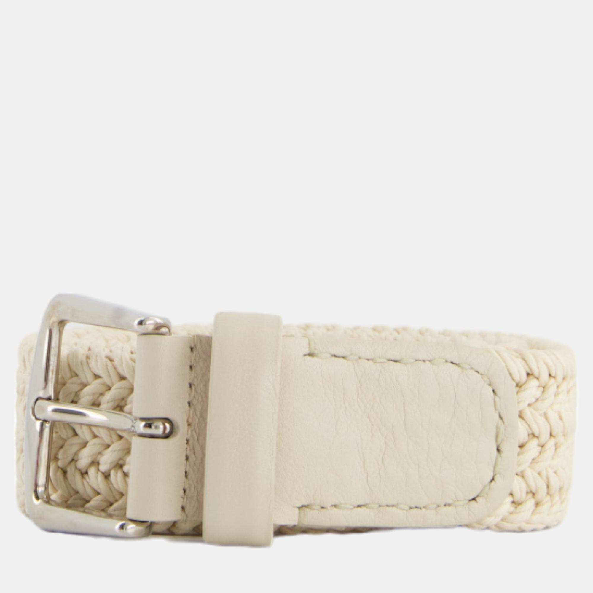 Loro Piana Cream Raffia Woven Belt With Silver Hardware Size 80cm