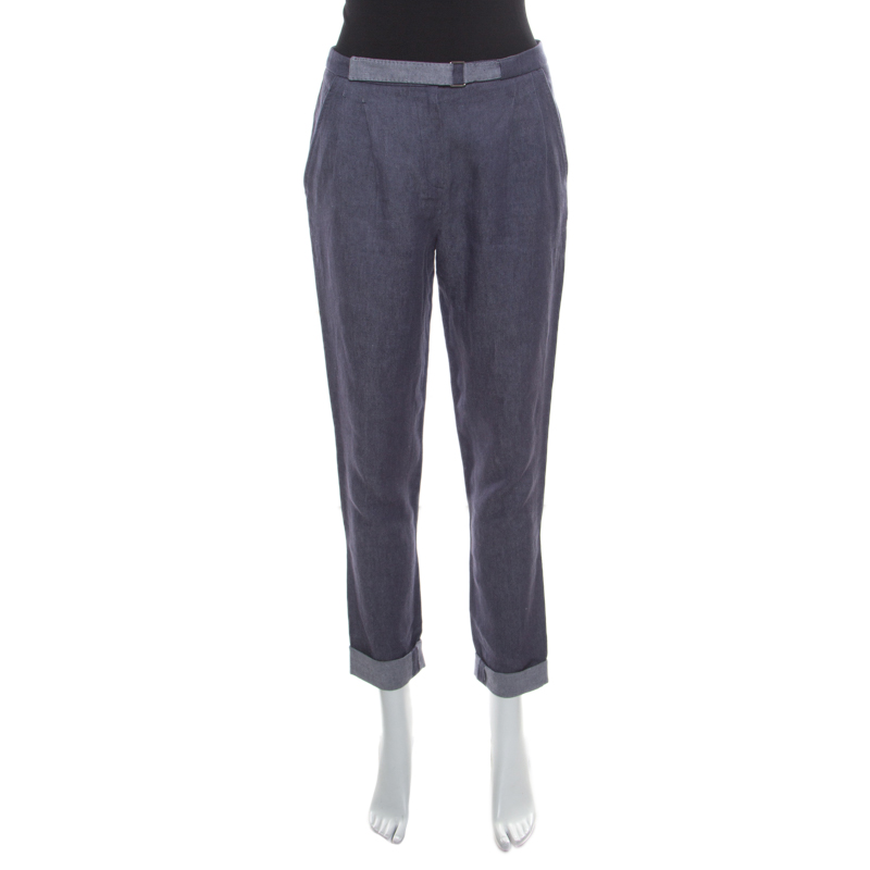 Image of Loro Piana Indigo Chambray Linen Pleat Front Tapered Pants S