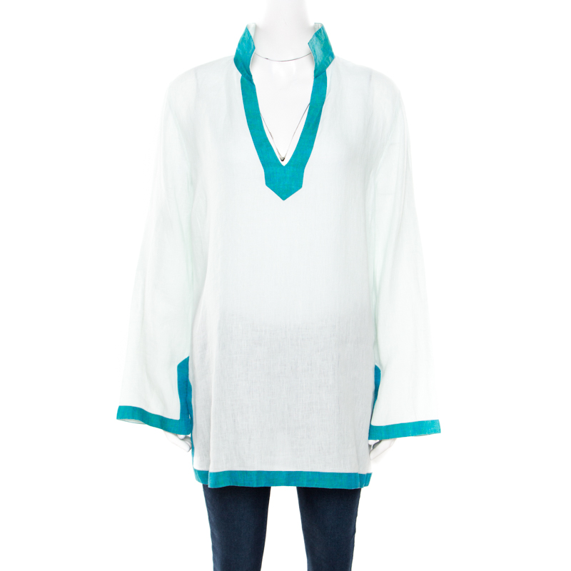 Image of Loro Piana Blue Linen Contrast Trim Detail Long Sleeve Top L