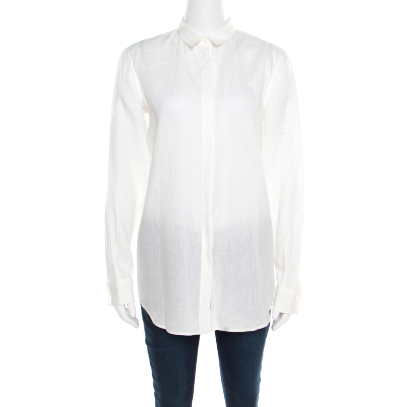 Image of Loro Piana Cream Linen Button Front Long Sleeve Shirt M