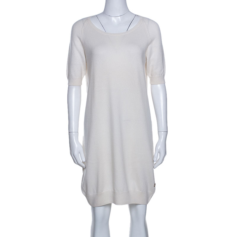 Image of Loro Piana Cream Knit Short Sleeve Shift Dress M