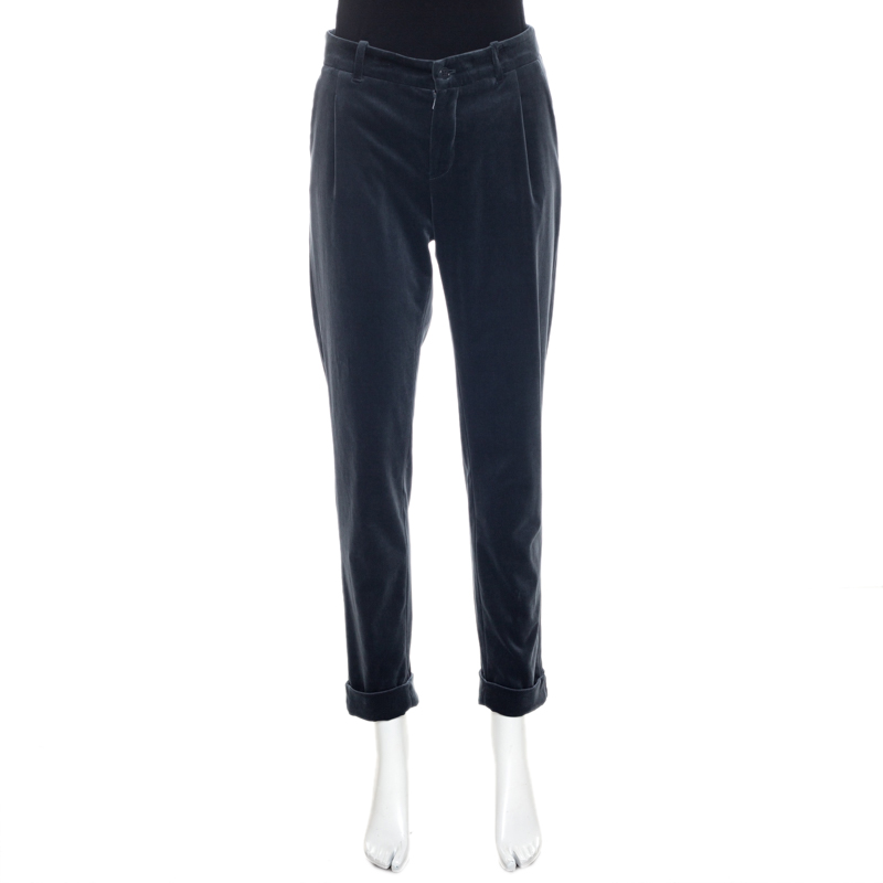 Image of Loro Piana Grey Velvet Cuffed Hem Trousers M