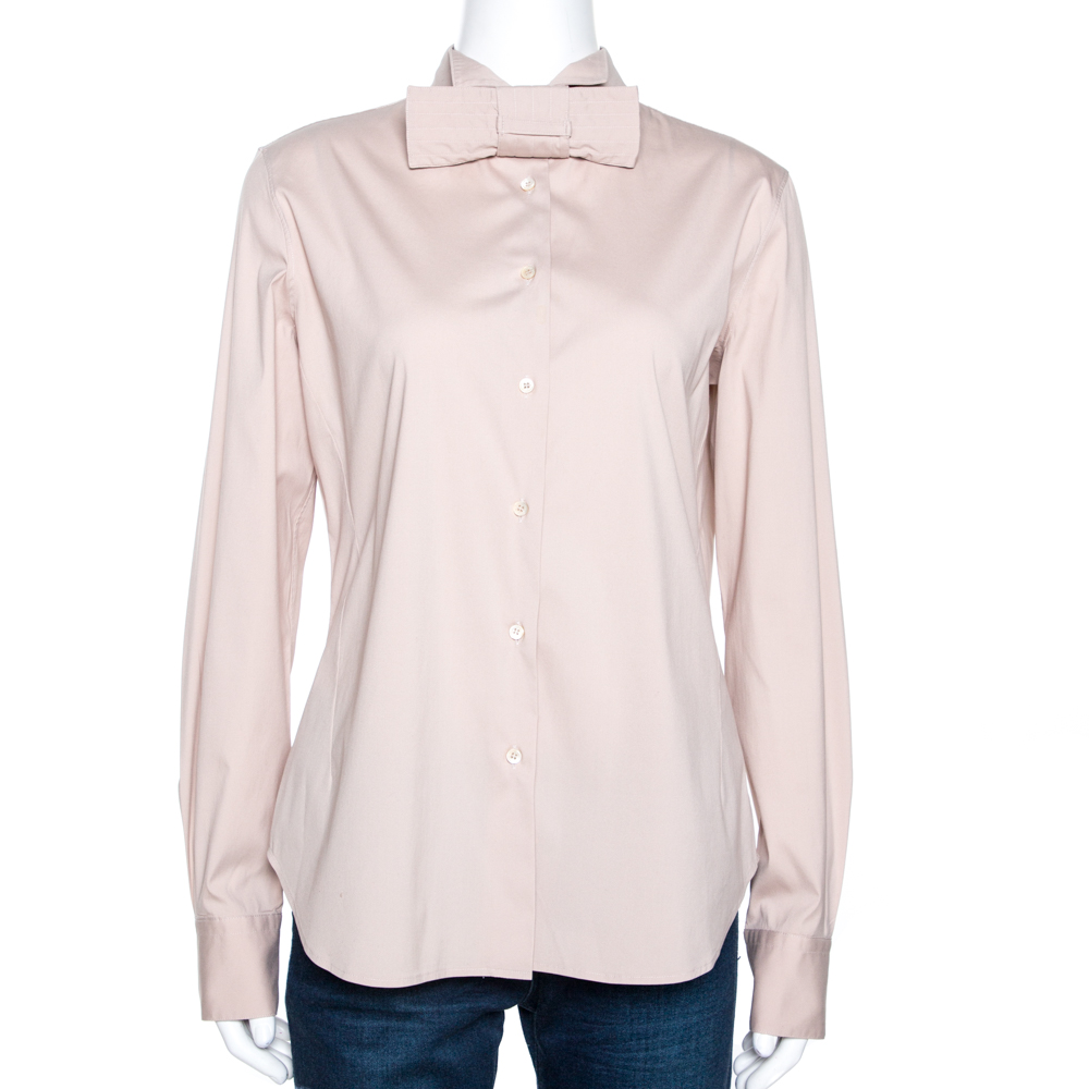Image of Loro Piana Beige Stretch Cotton Bow Detail Shirt L