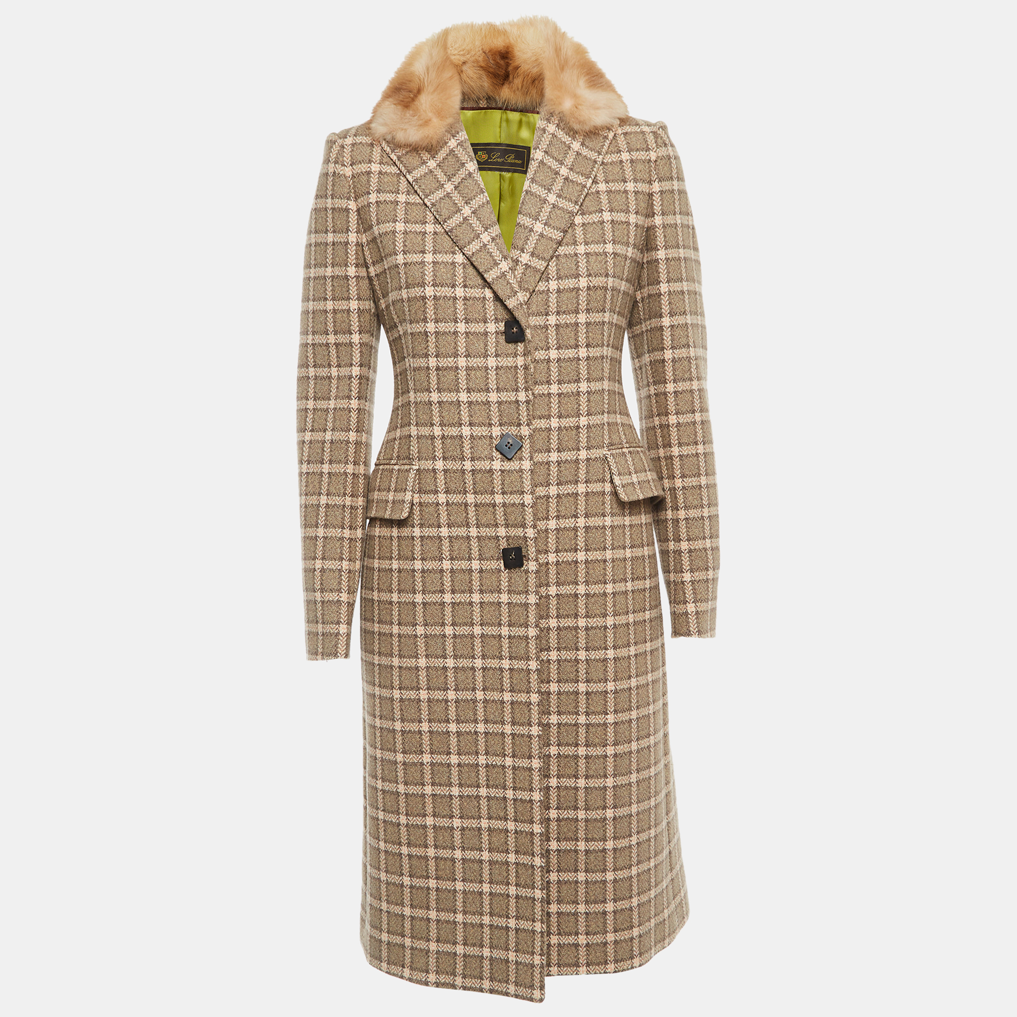Loro Piana Brown Wool/Fox Fur Checked Long Coat S