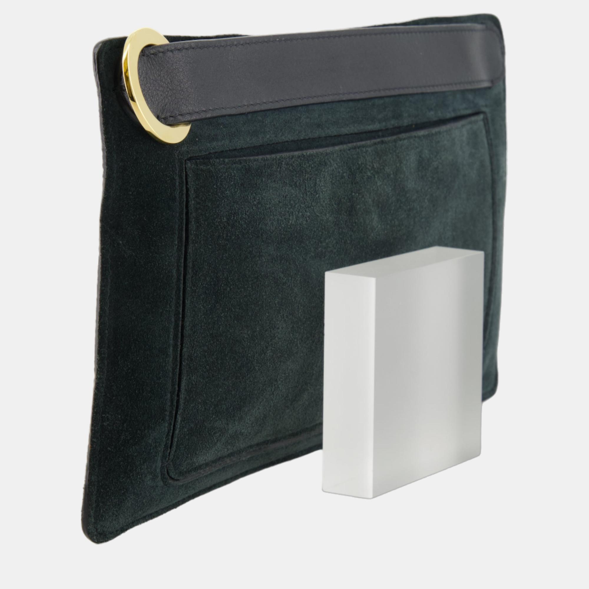 Loro Piana Green Velvet Pouch With Leather Strap And Gold Detailing