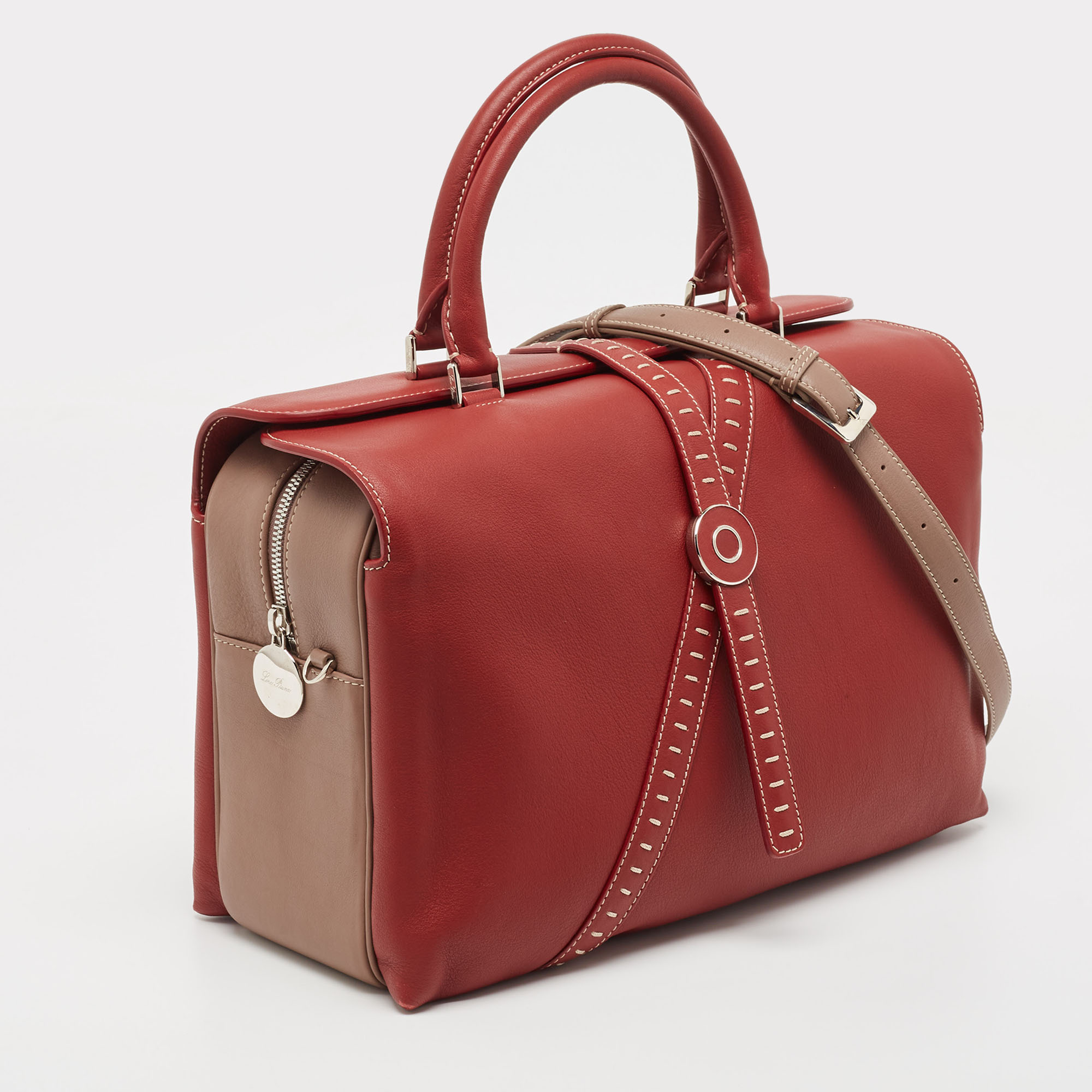 Loro Piana Red/Beige Leather Bridle Top Handle Bag