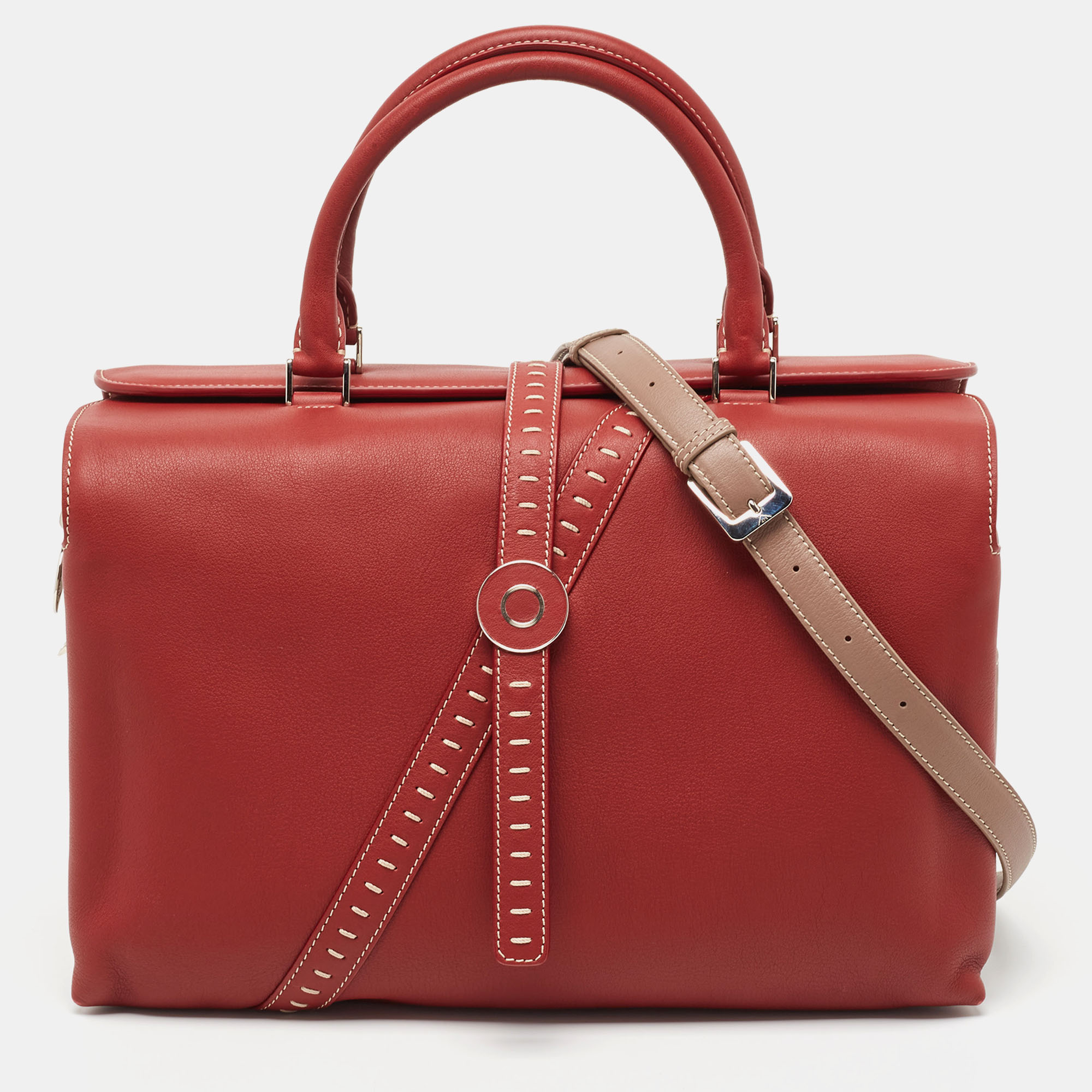 Loro Piana Red/Beige Leather Bridle Top Handle Bag