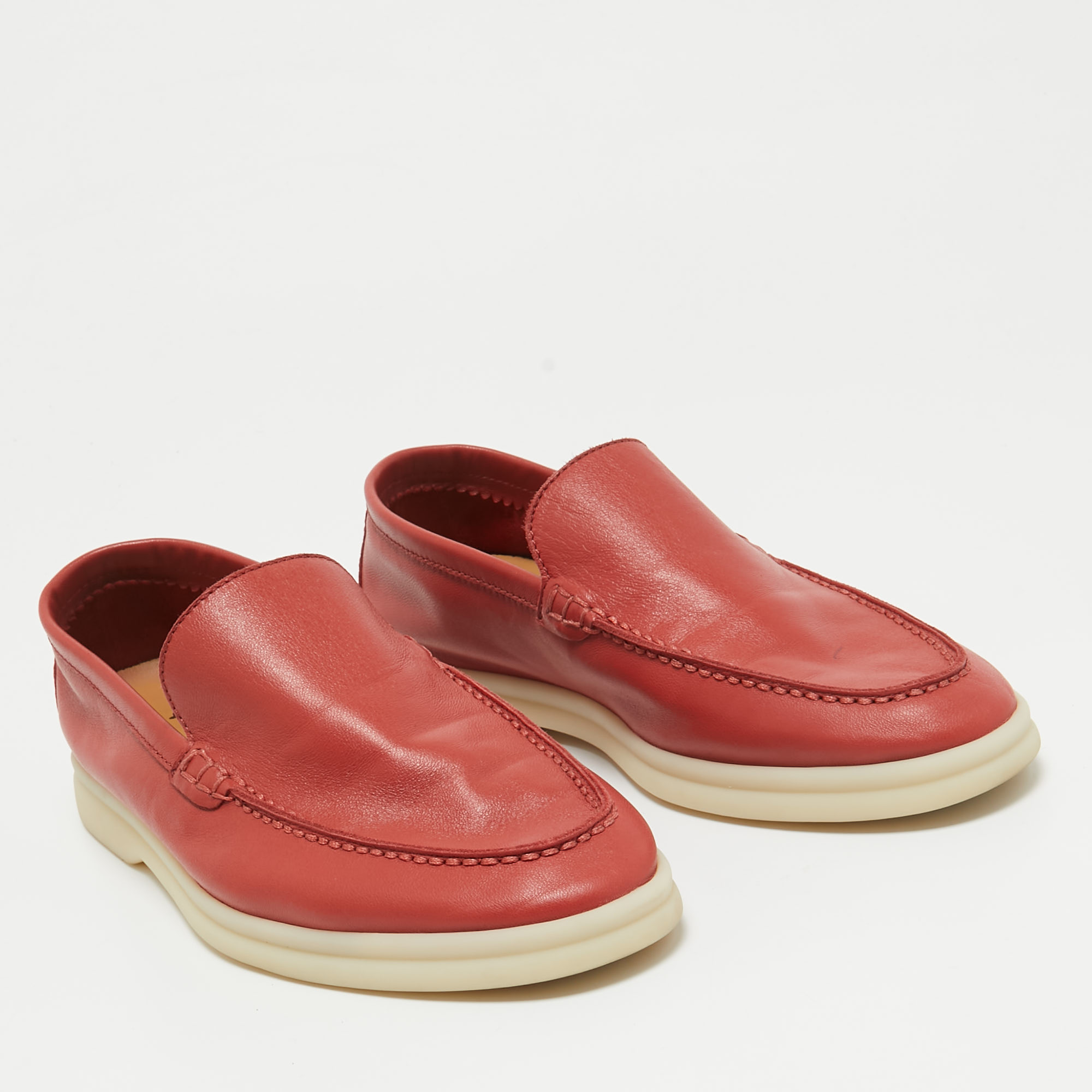 Loro Piana Red Leather Summer Walk Loafers Size 35