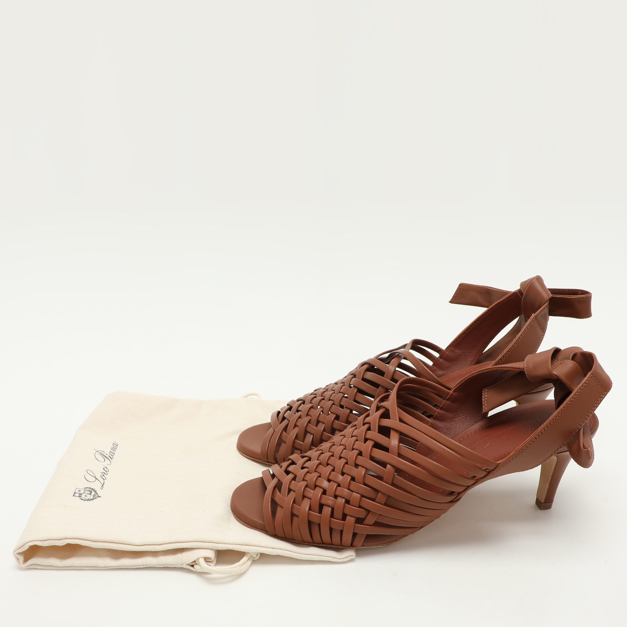 Loro Piana Brown Woven Leather Di Agnello Ankle Strap Sandals Size 37