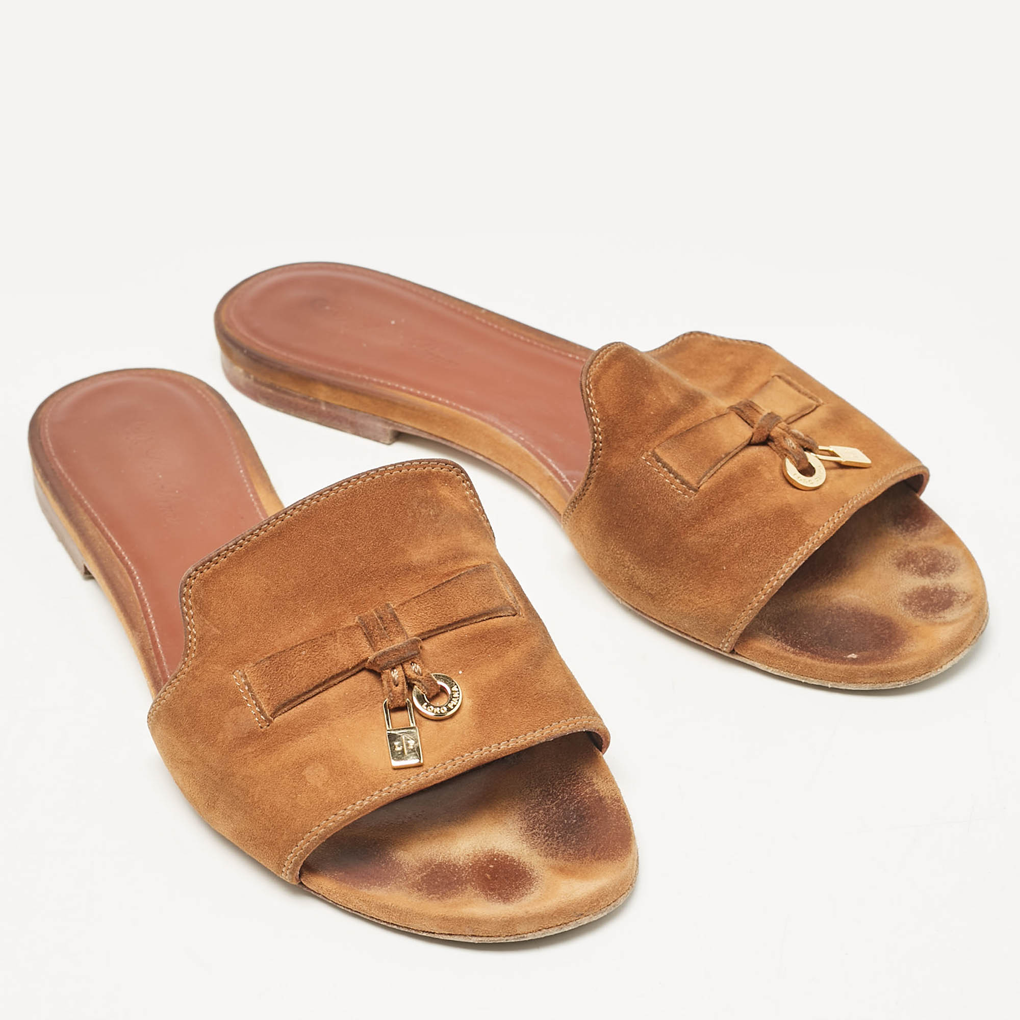 Loro Piana Brown Suede Summer Charms Walk Flat Slides Size 38