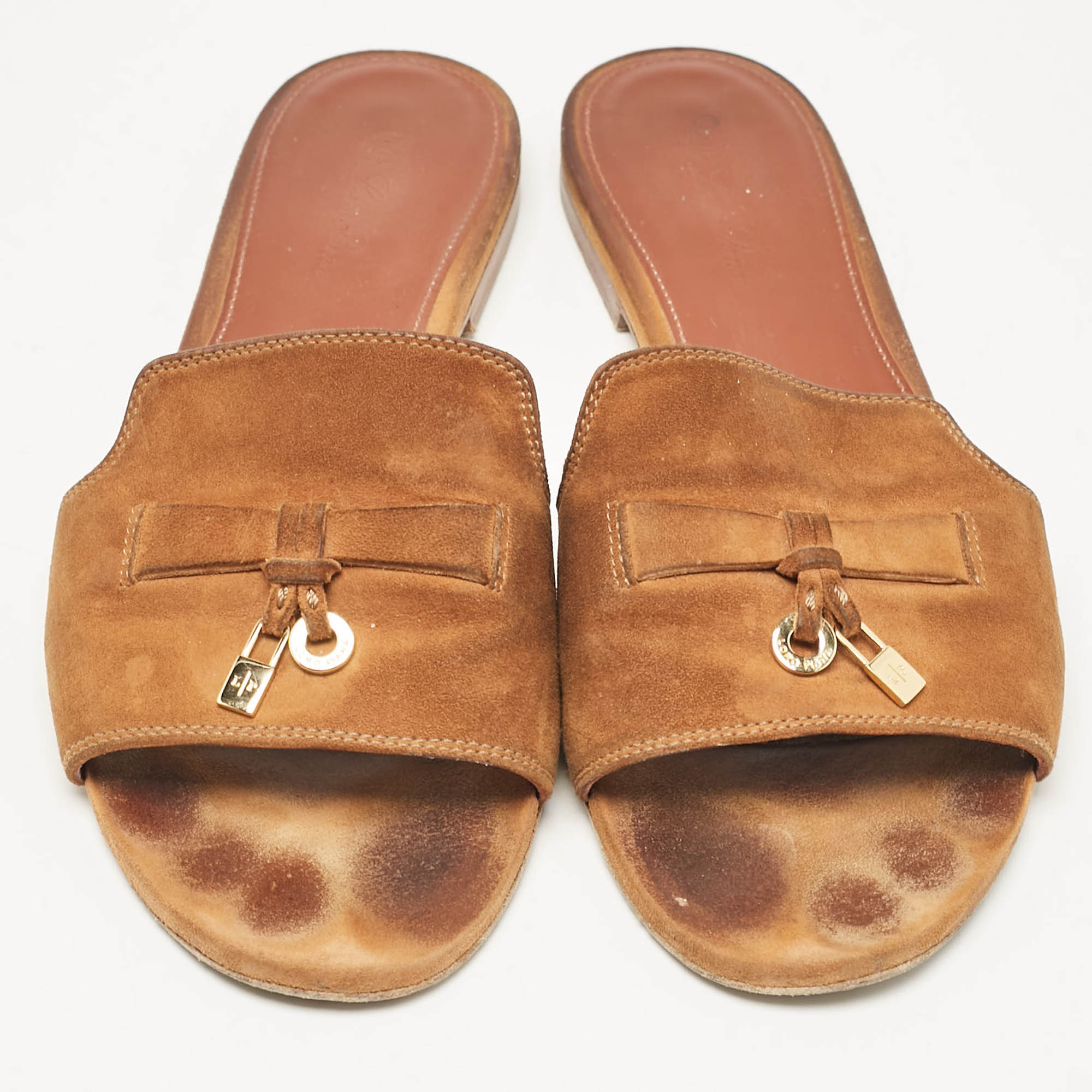 Loro Piana Brown Suede Summer Charms Walk Flat Slides Size 38