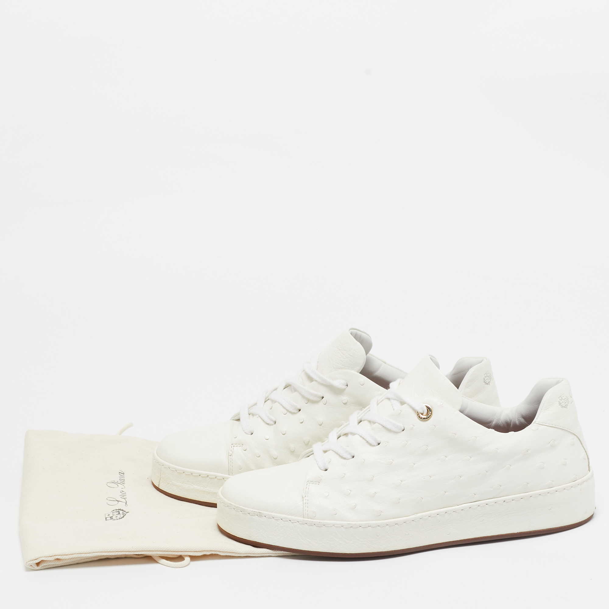 Loro Piana White Leather And Ostrich Leather Lace Up Sneakers Size 38.5