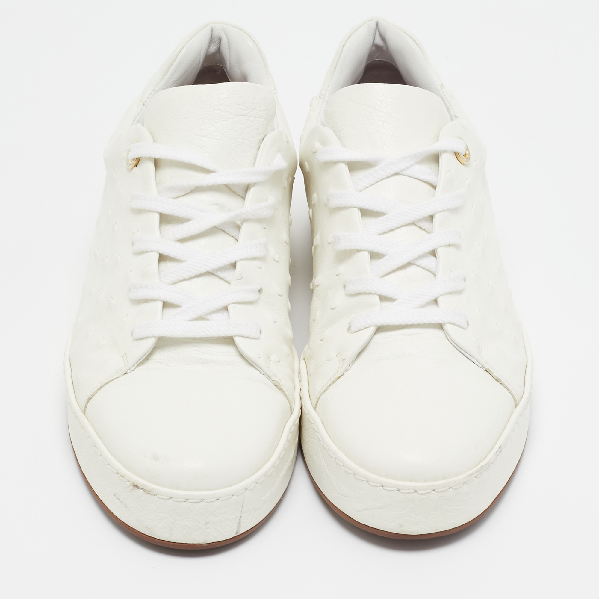 Loro Piana White Leather And Ostrich Leather Lace Up Sneakers Size 38.5