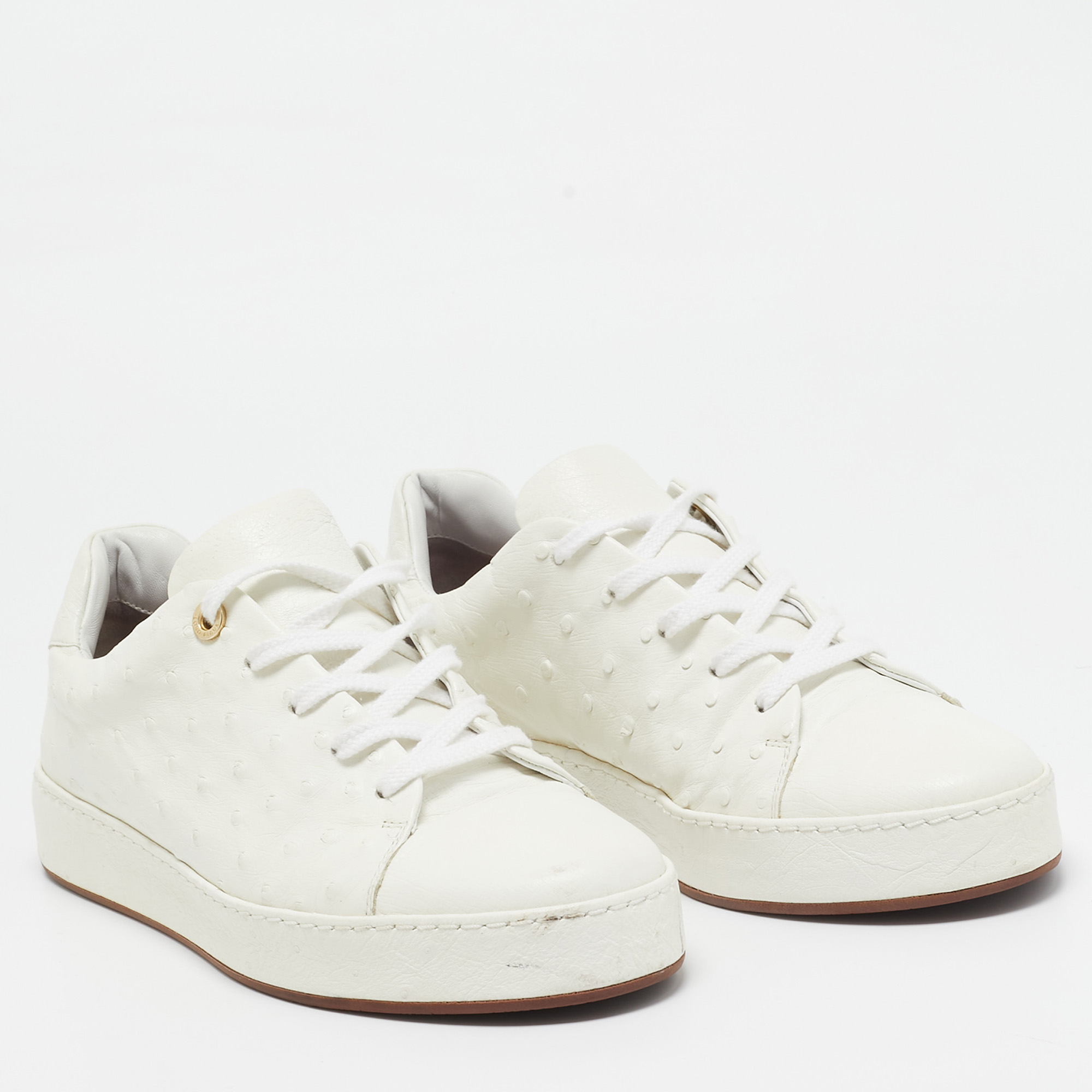 Loro Piana White Leather And Ostrich Leather Lace Up Sneakers Size 38.5