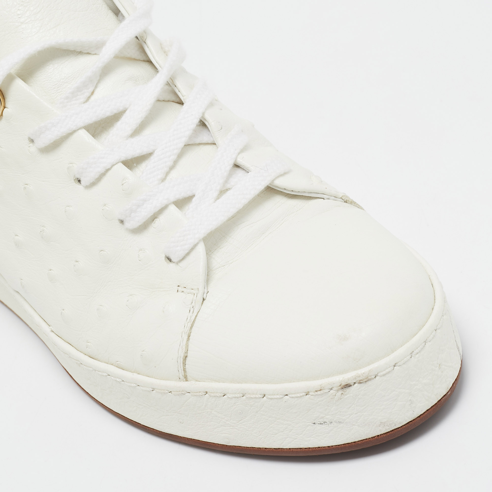 Loro Piana White Leather And Ostrich Leather Lace Up Sneakers Size 38.5