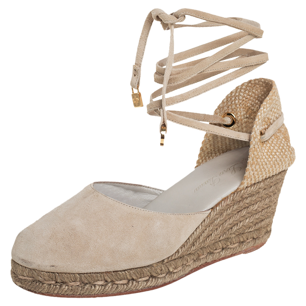 Loro Piana Beige Suede And Jute Wedge Ankle Wrap Espadrilles Size 36