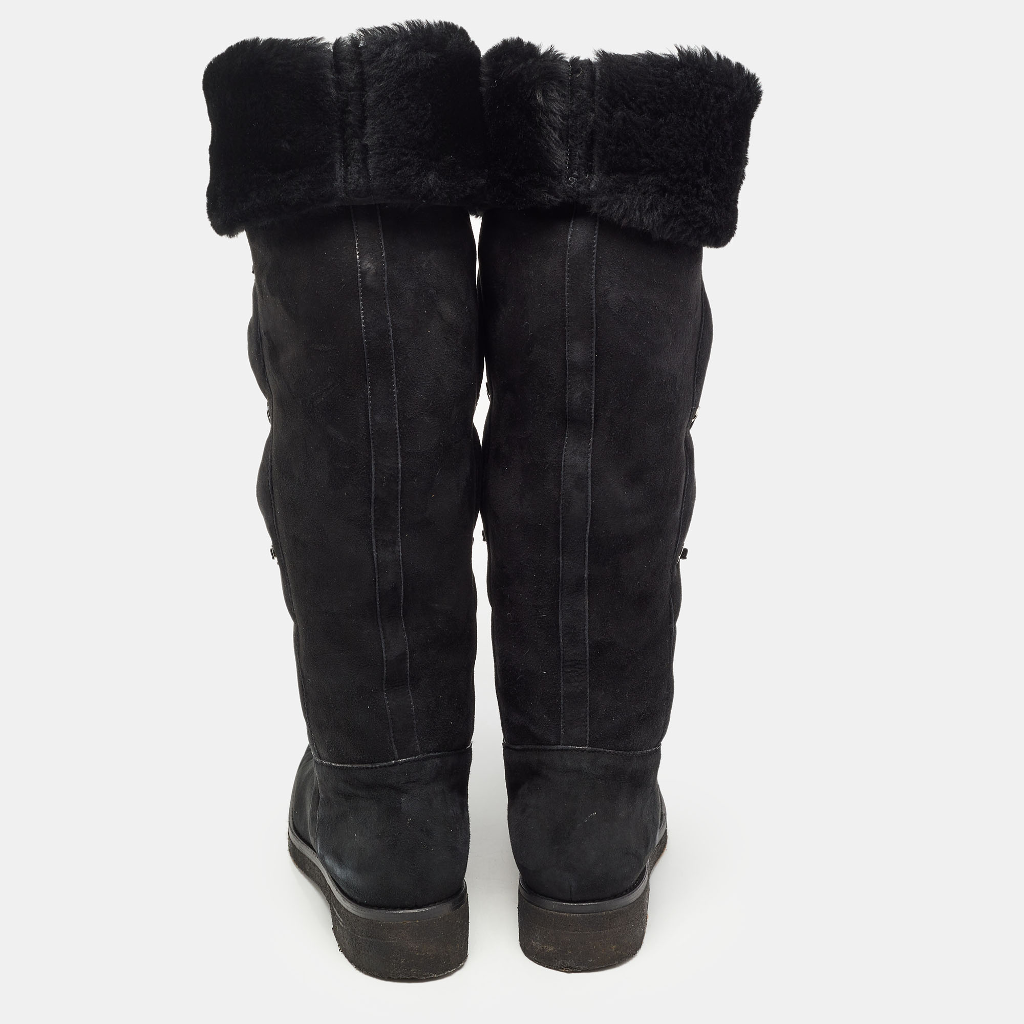 Loro Piana Black Suede And Fur Knee Length Flat Boots Size 40
