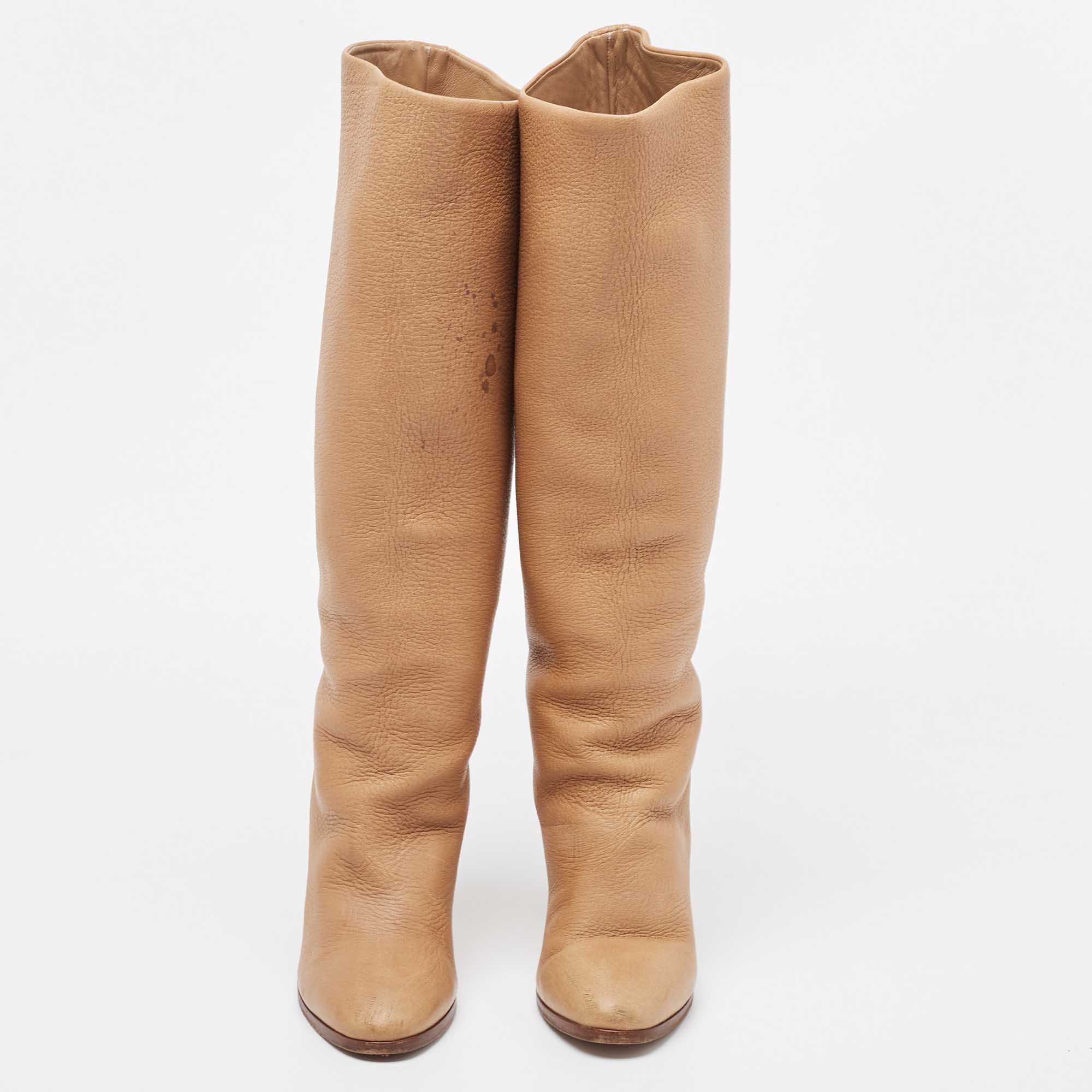 Loro Piana Beige Leather Knee Length Boots Size 39
